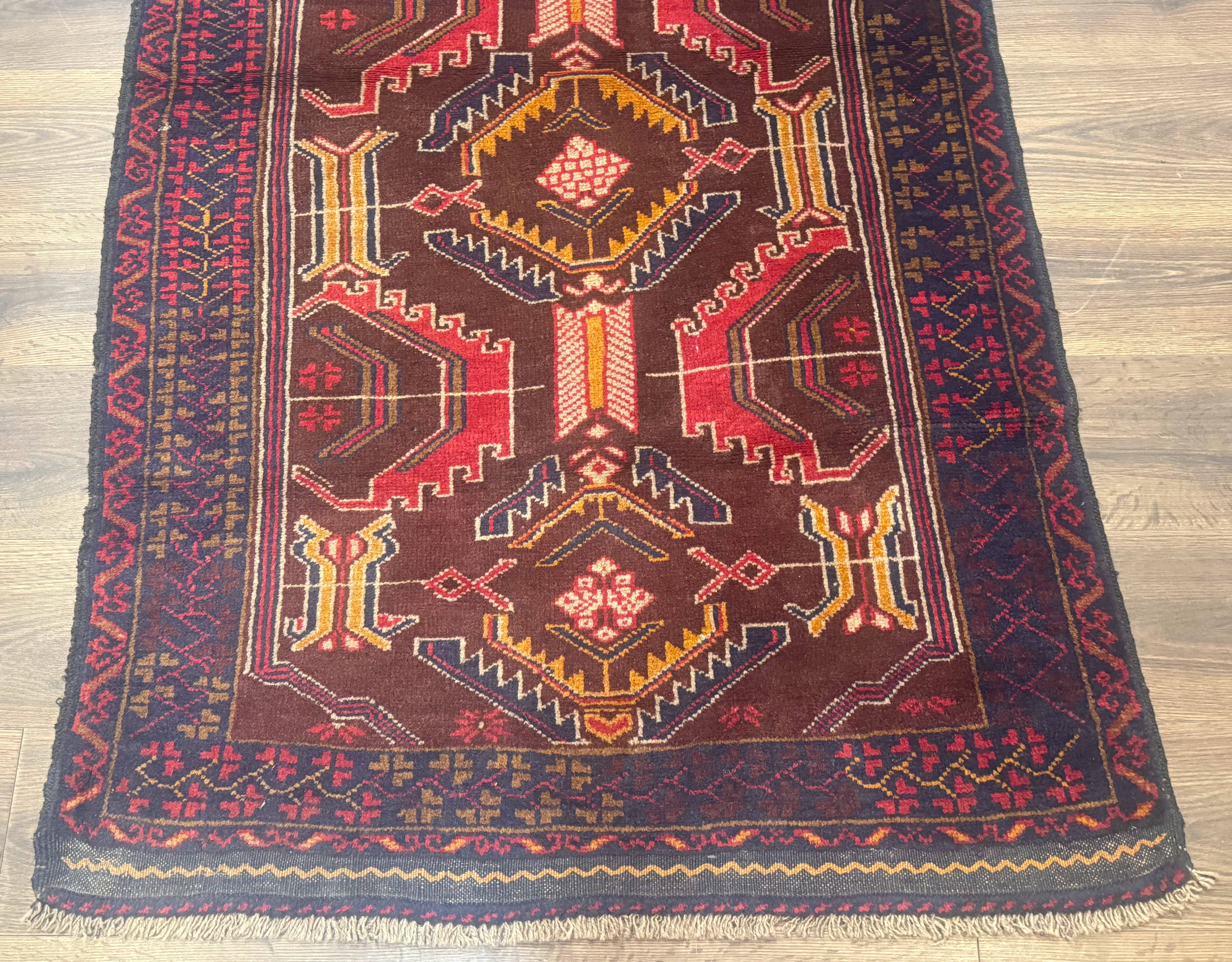 Afghan Rug 3x7, Maroon and Navy Blue, Balouch Carpet, Tribal Rug, New - Jewel Rugs