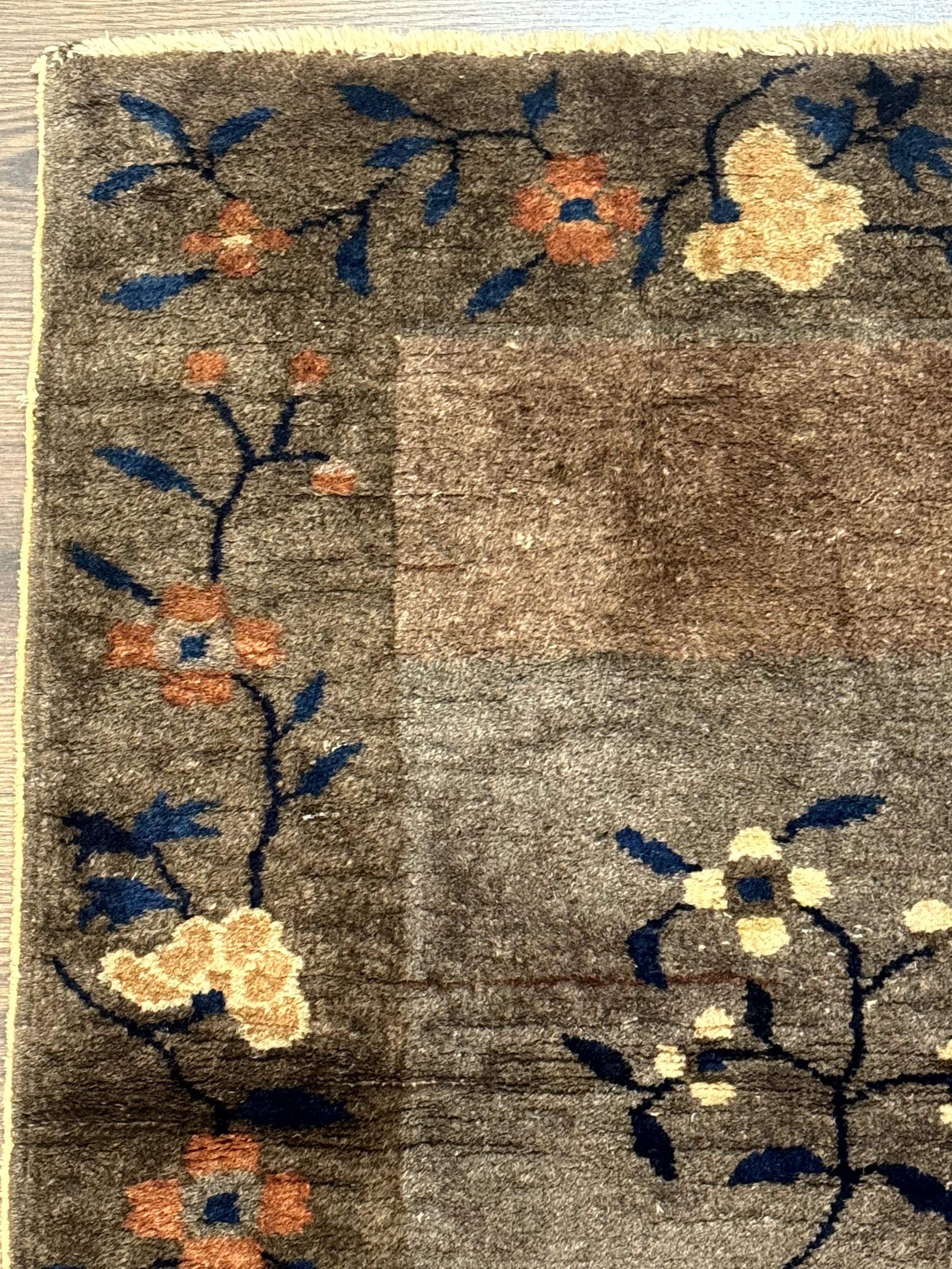 Small Antique Chinese Art Deco Rug 2x3, Nichols Rug, Gray and Brown, Wool Hand Knotted - Jewel Rugs