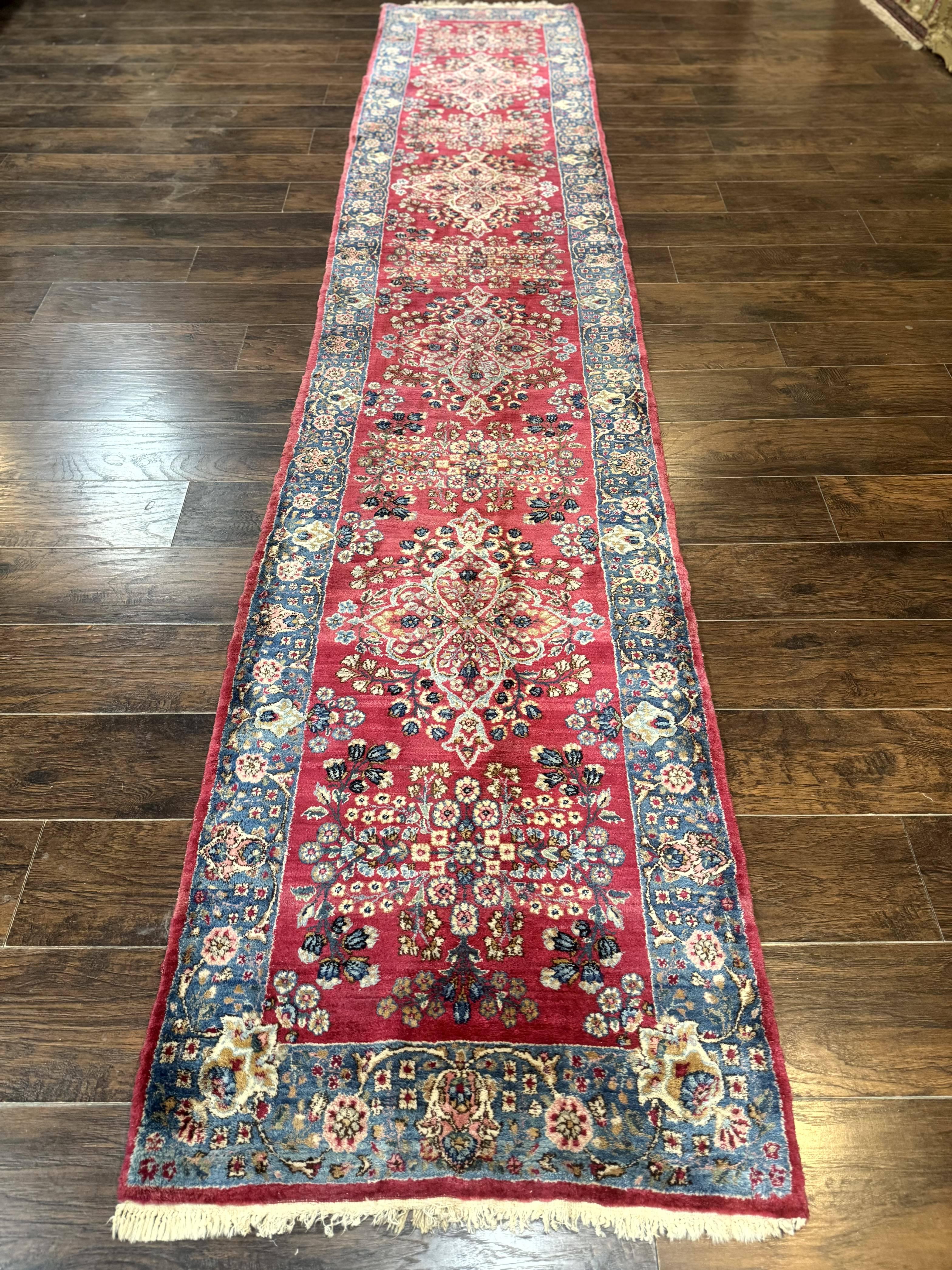 Persian Kerman Runner Rug 2.8 x 14, Red Handmade Wool Oriental Runner Carpet, Floral, 250 KPSI - Jewel Rugs