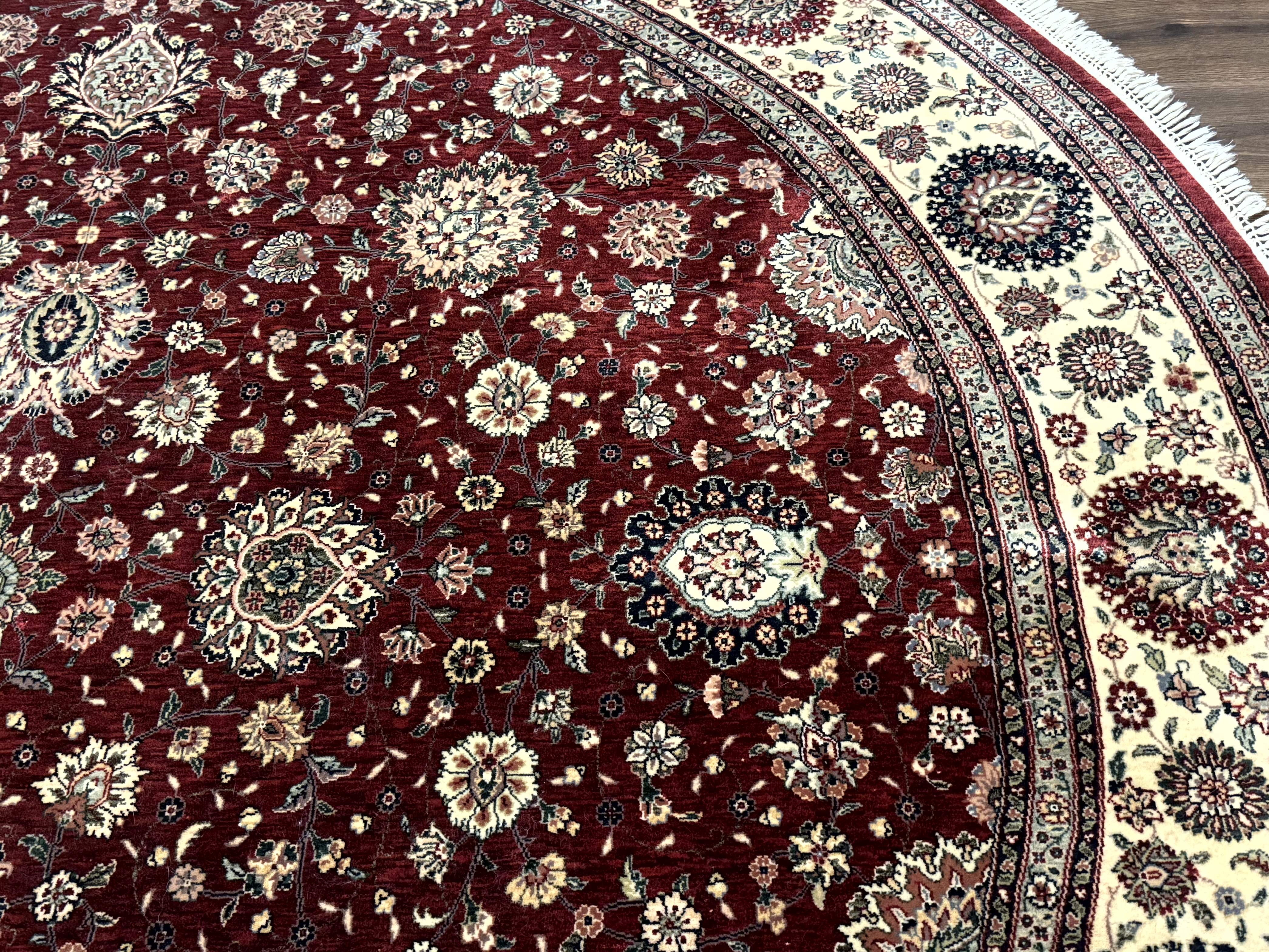 Round Sino Persian Rug 9x9, Burgundy and Cream, Floral, Wool and Silk, 9ft Round Carpet - Jewel Rugs