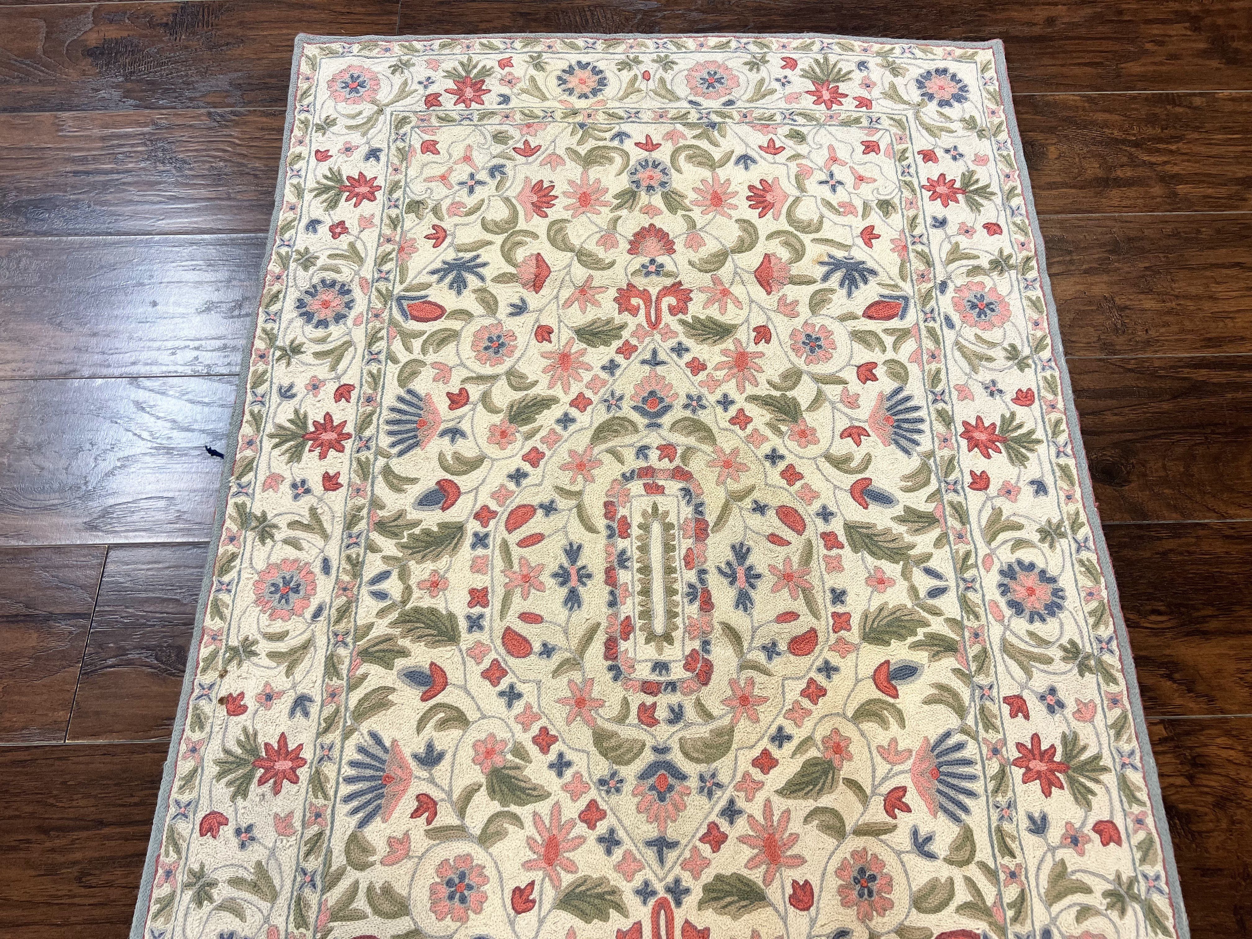 Hand Stitched Indian Rug 4x5, Floral, Vintage Hand Embroidered Rug - Jewel Rugs