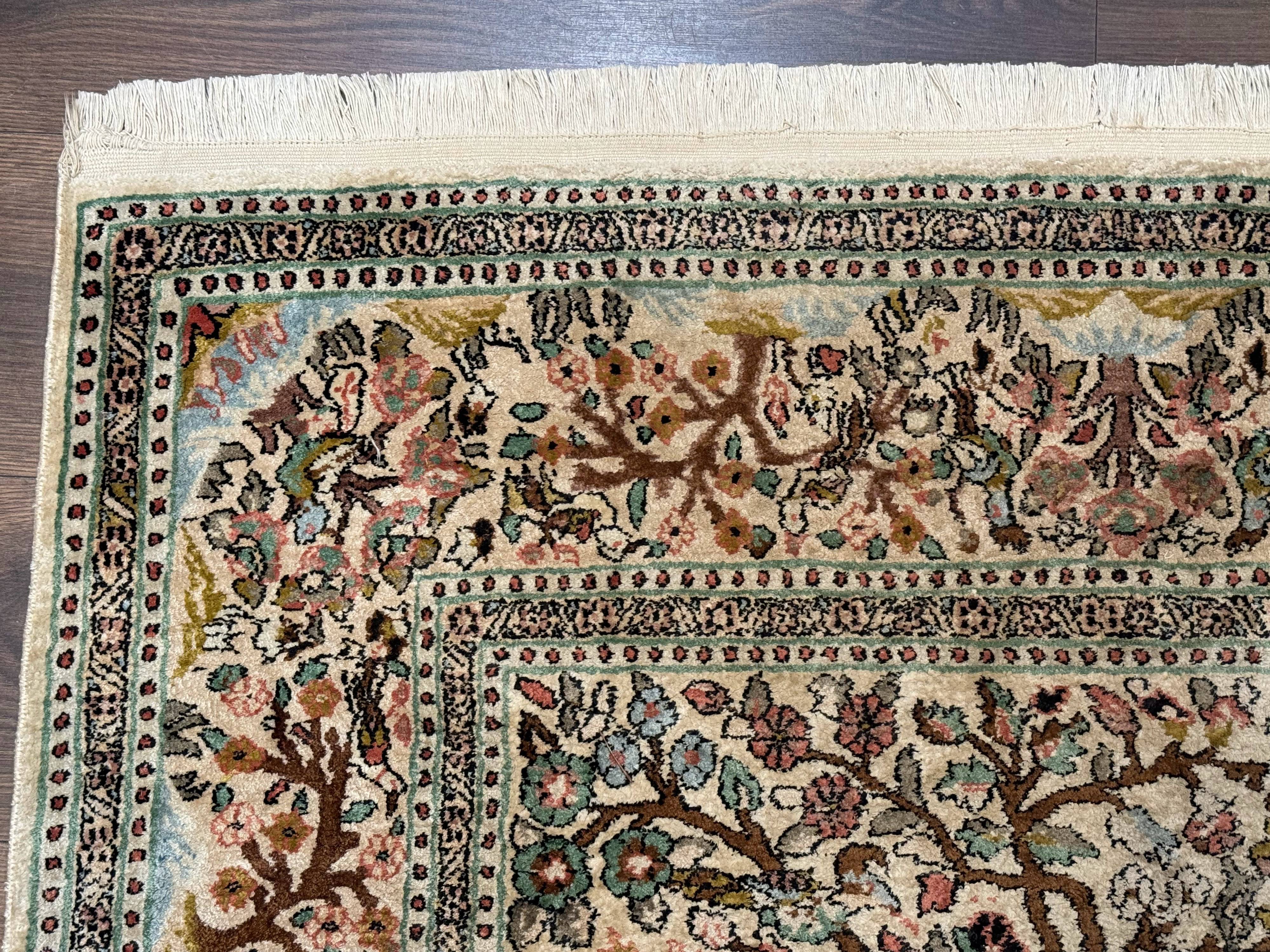 Indian Kashmiri Silk Rug 4x7, Tree of Life Design, Very Fine 380 KPSI, Birds - Jewel Rugs