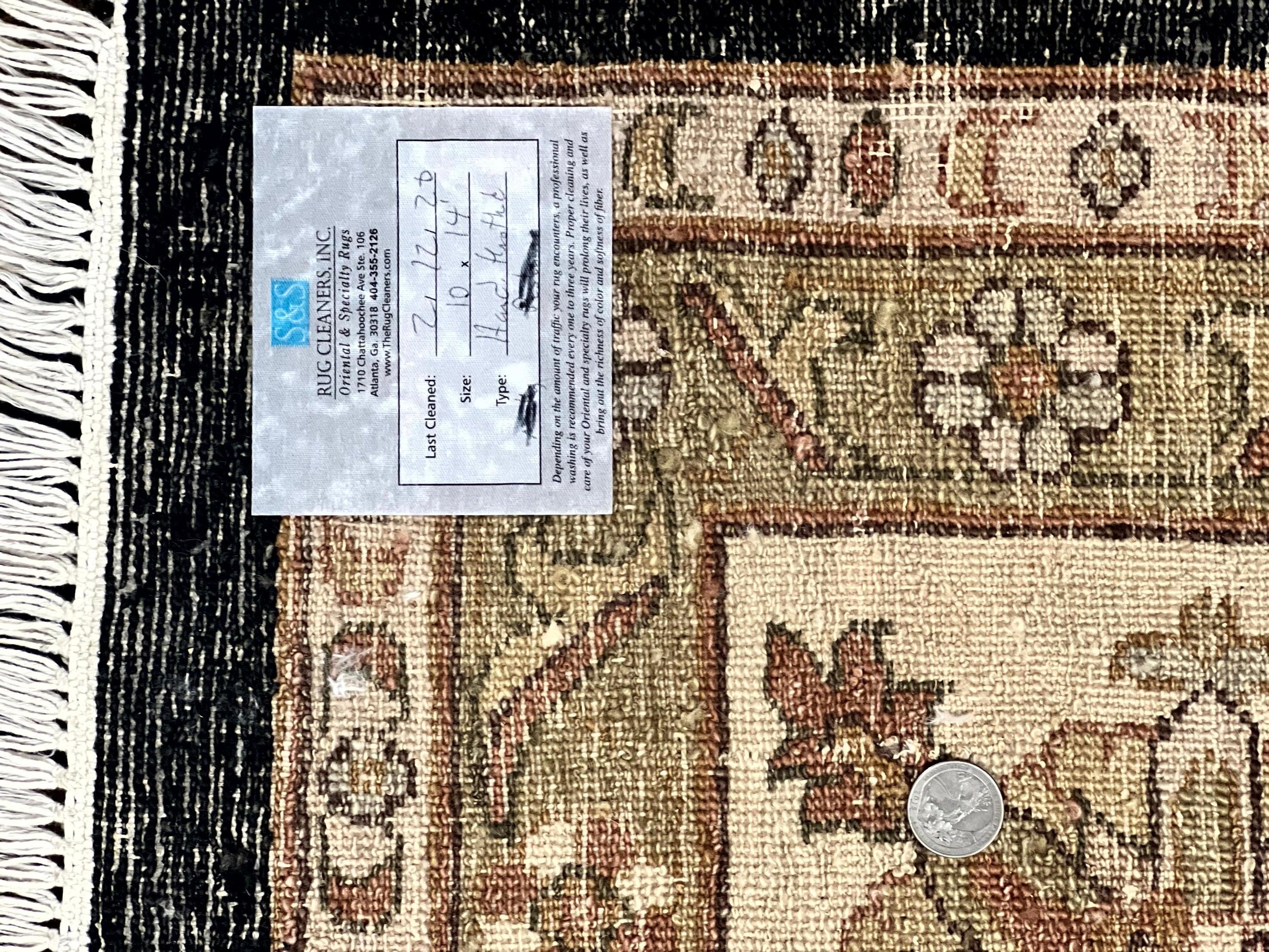 Indo Persian Rug 10x14, Charcoal and Beige, Floral Allover, Handmade Vintage Wool Carpet - Jewel Rugs