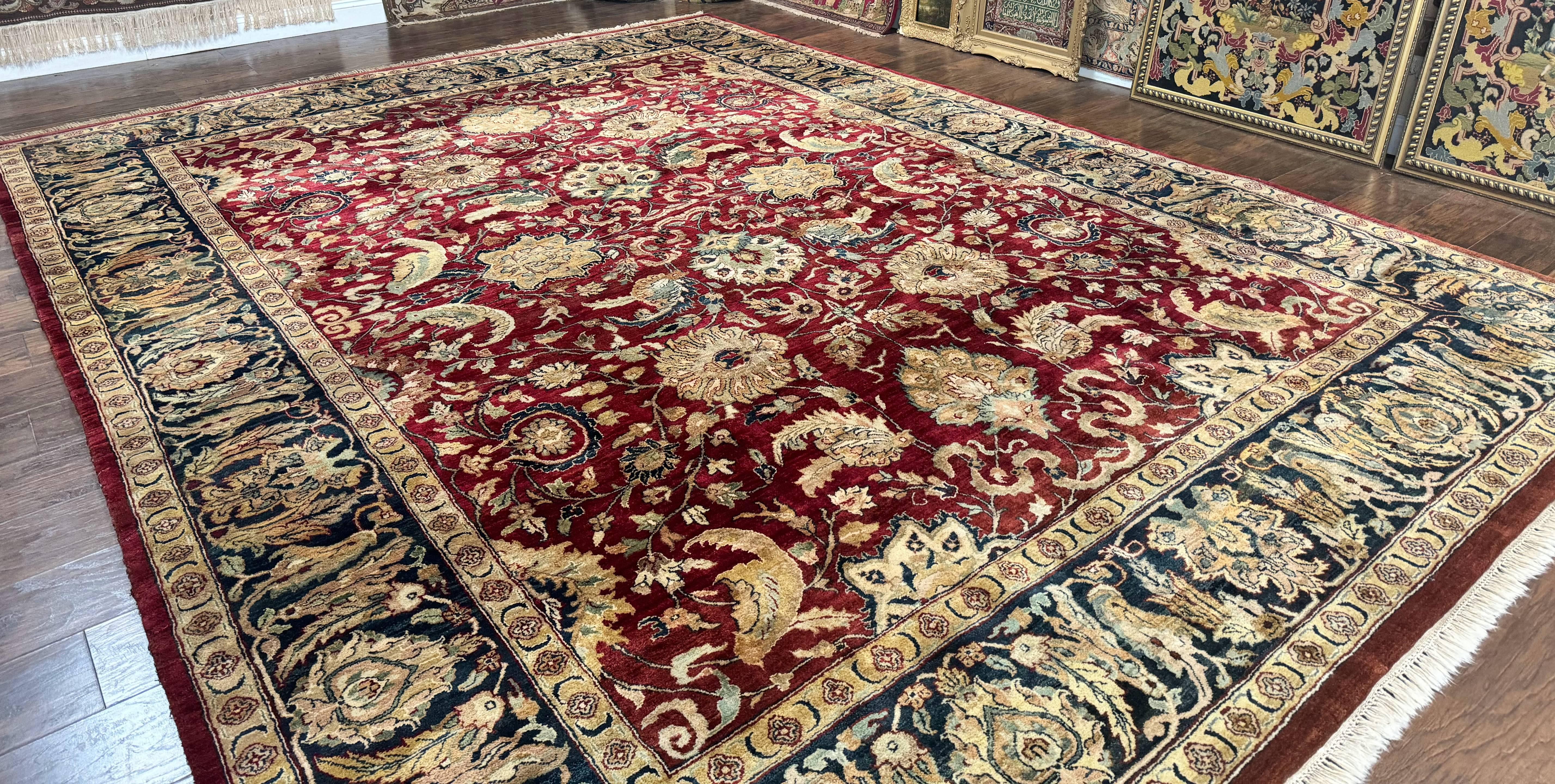 Indo Persian Rug 10x14, Indian Agra Carpet, Vintage Handmade Wool Large Traditional Rug, Dark Red Navy Blue Beige - Jewel Rugs