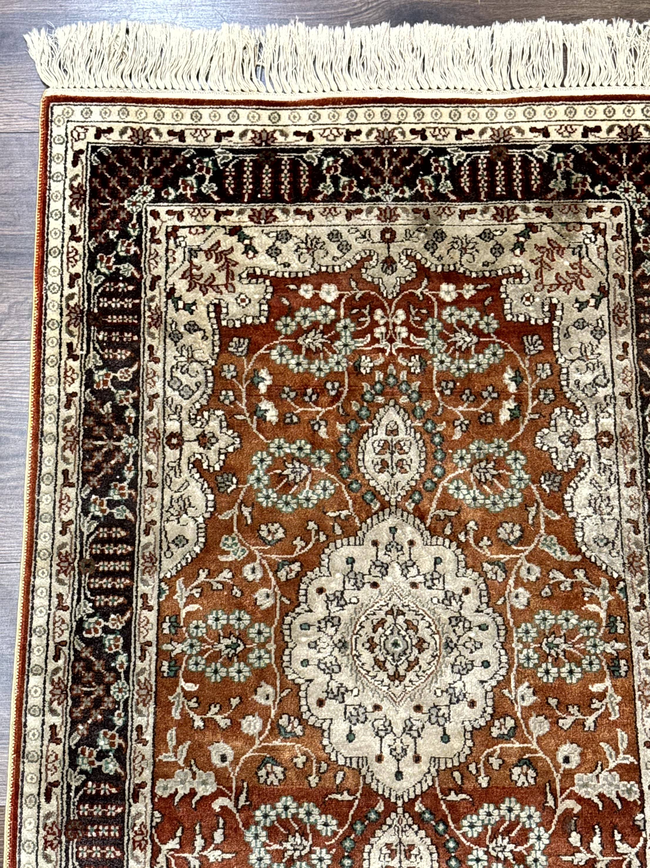 Turkish Silk Narrow Runner Rug 2 x 5.8, Very Fine 340 KPSI, Floral Medallions, Red - Jewel Rugs