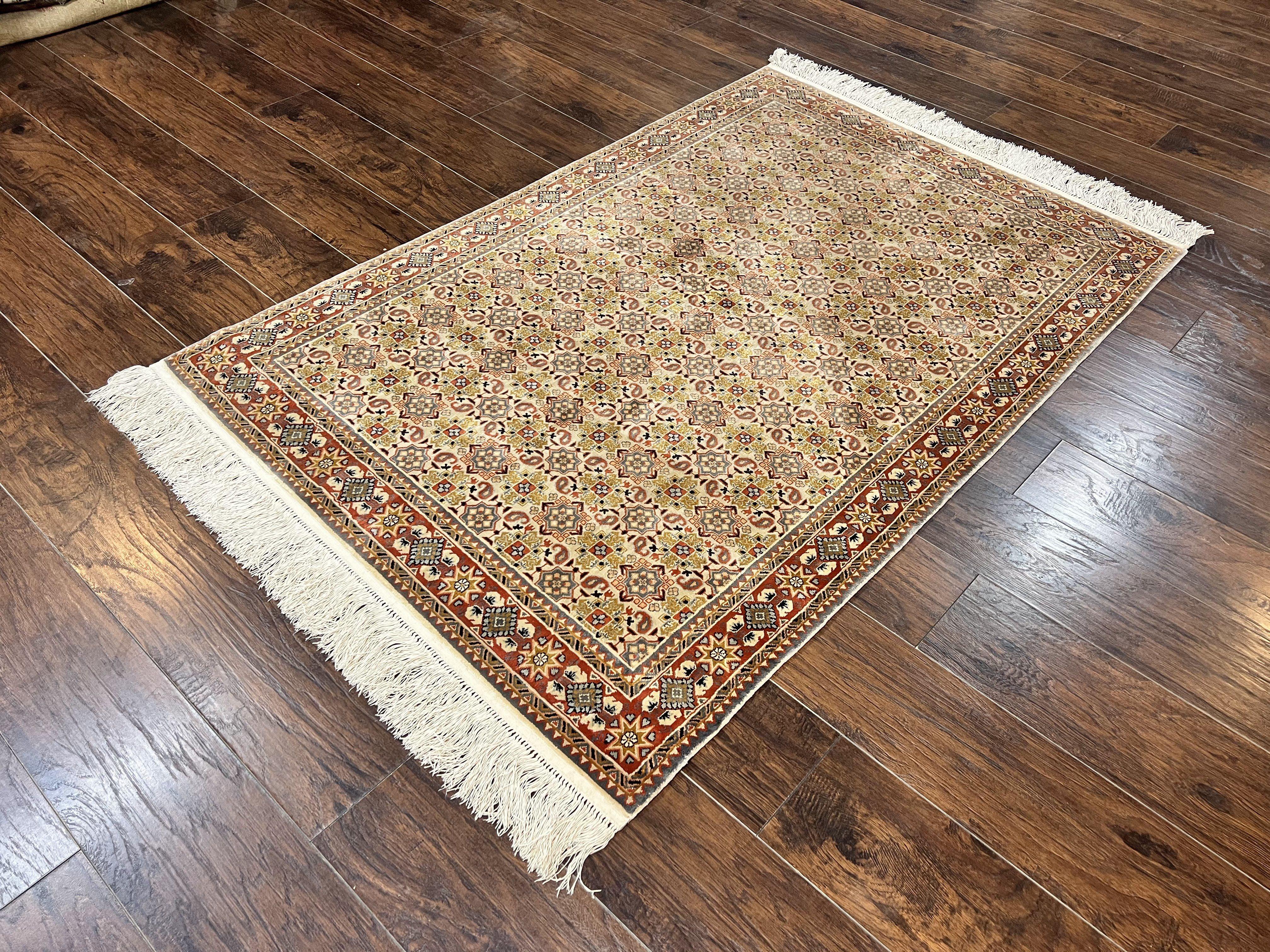 Turkish Kayseri Silk Rug 4x6, Hand Knotted Handmade Vintage Allover Pattern, Fine Silk Oriental Carpet 4 x 6 ft, Traditional Rug, Cream - Jewel Rugs