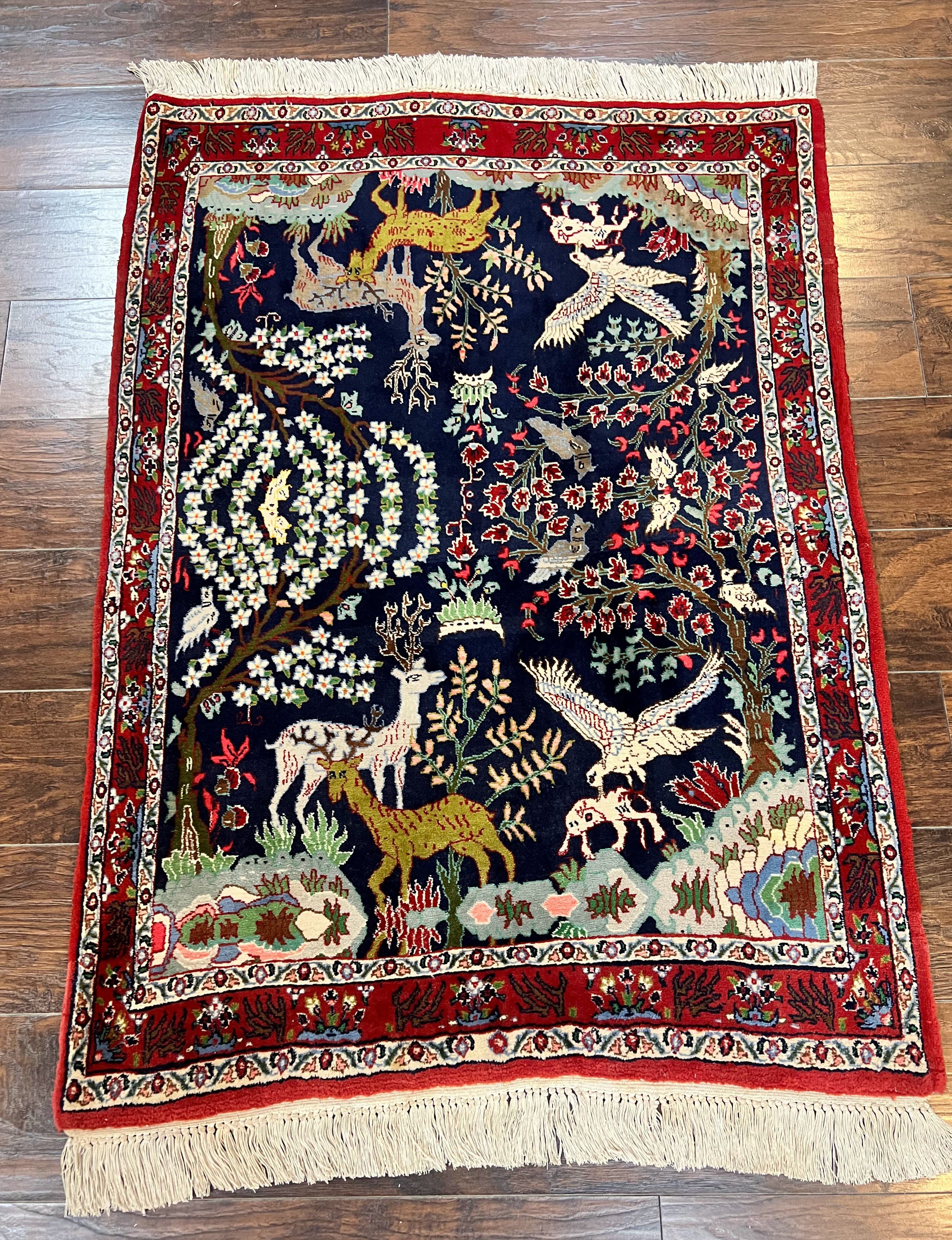 Small Persian Qum Rug 3x5, Animal Pictorials, Tree of Life, Hand Knotted Handmade Vintage Wool Oriental Carpet, Flowers Deer Birds, Dark Blue - Jewel Rugs