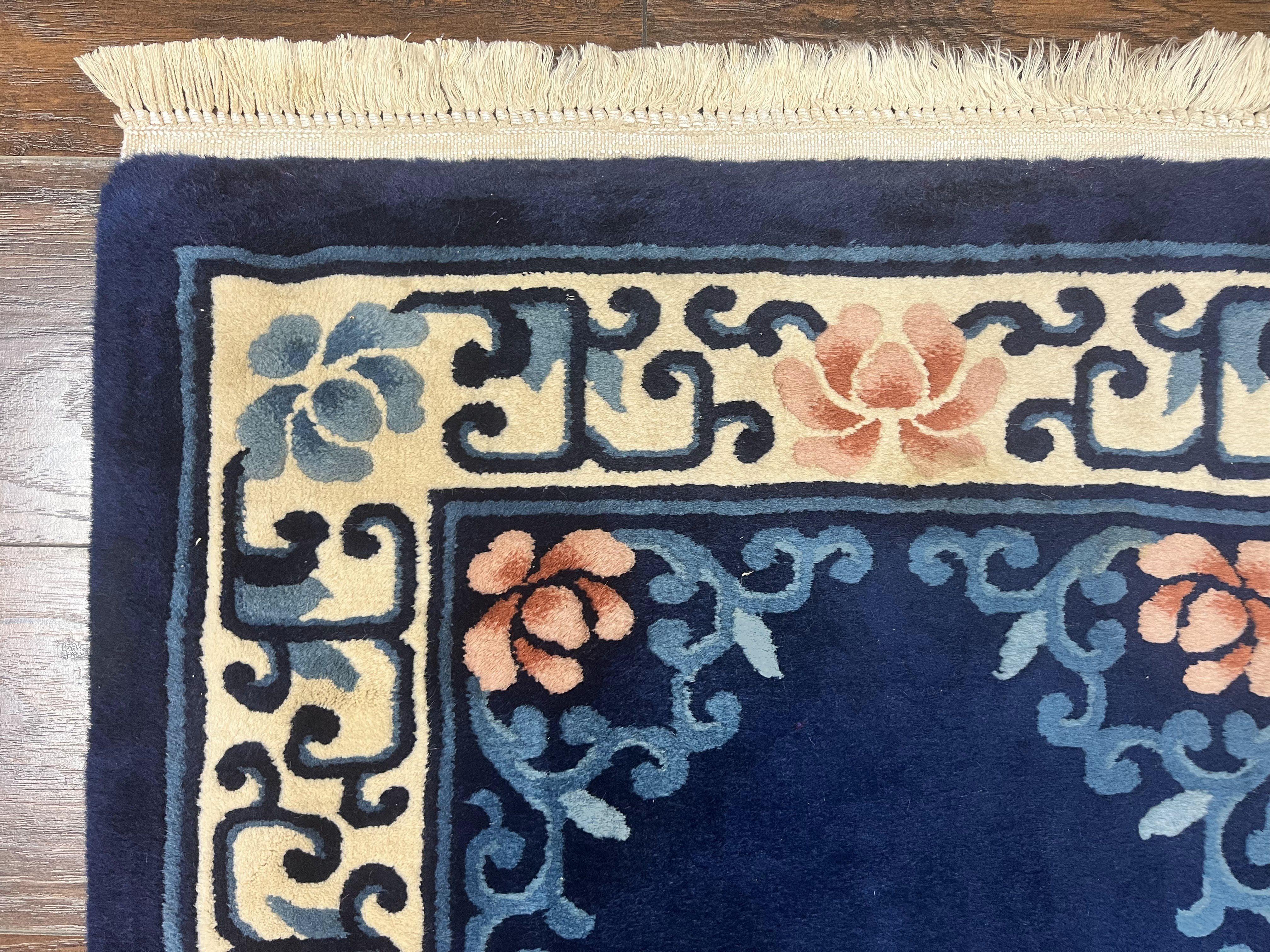 Chinese Wool Runner Rug 2.6 x 12, Blue and Beige, Handmade Vintage Wool Rug for Hallway, 12ft Runner, Asian Oriental Art Deco 90 Line Rug - Jewel Rugs