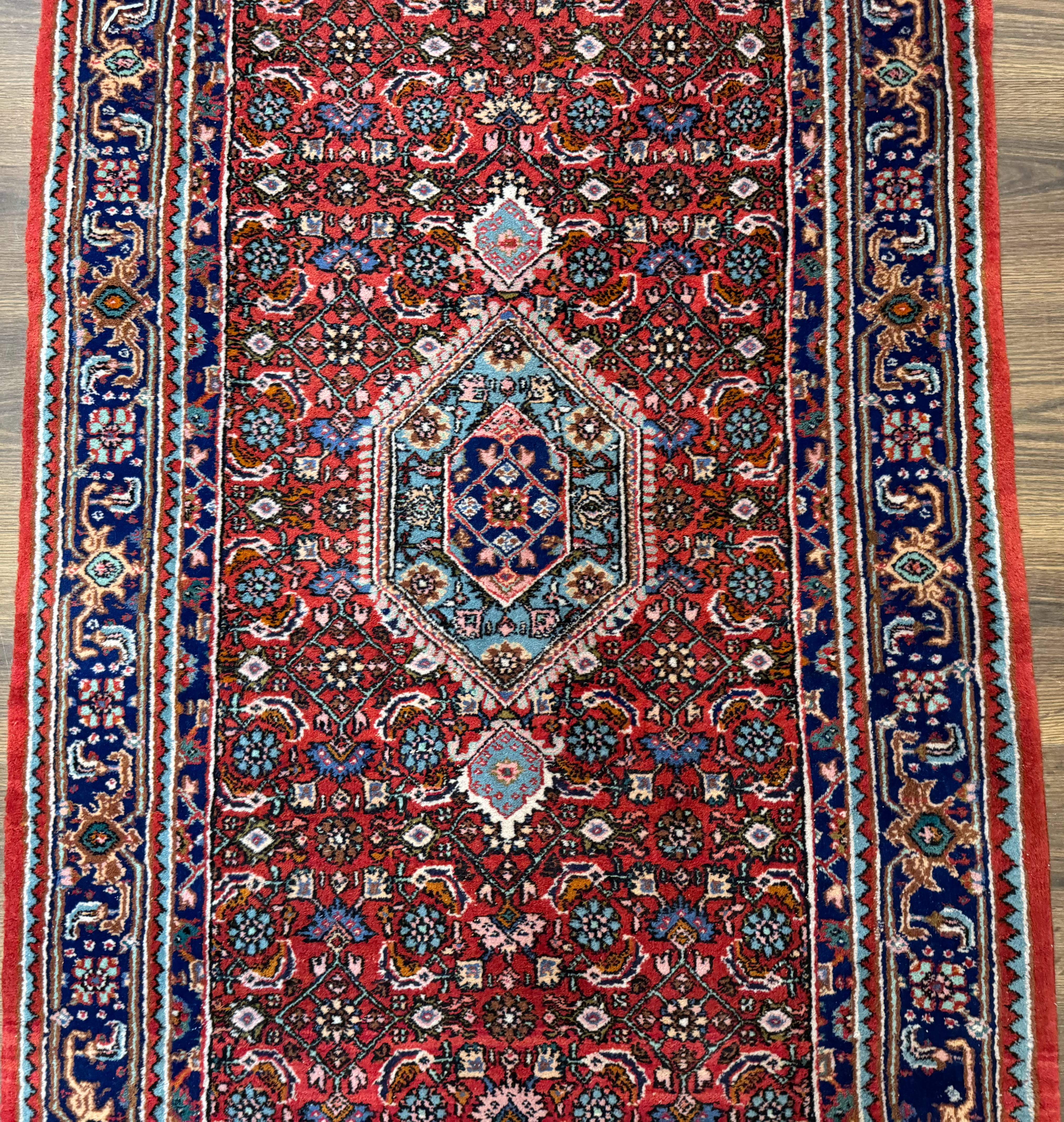 Indo Persian Bidjar Runner Rug 3 x 18.6, Red Navy Blue, Long Runner, Wool Oriental Carpet - Jewel Rugs