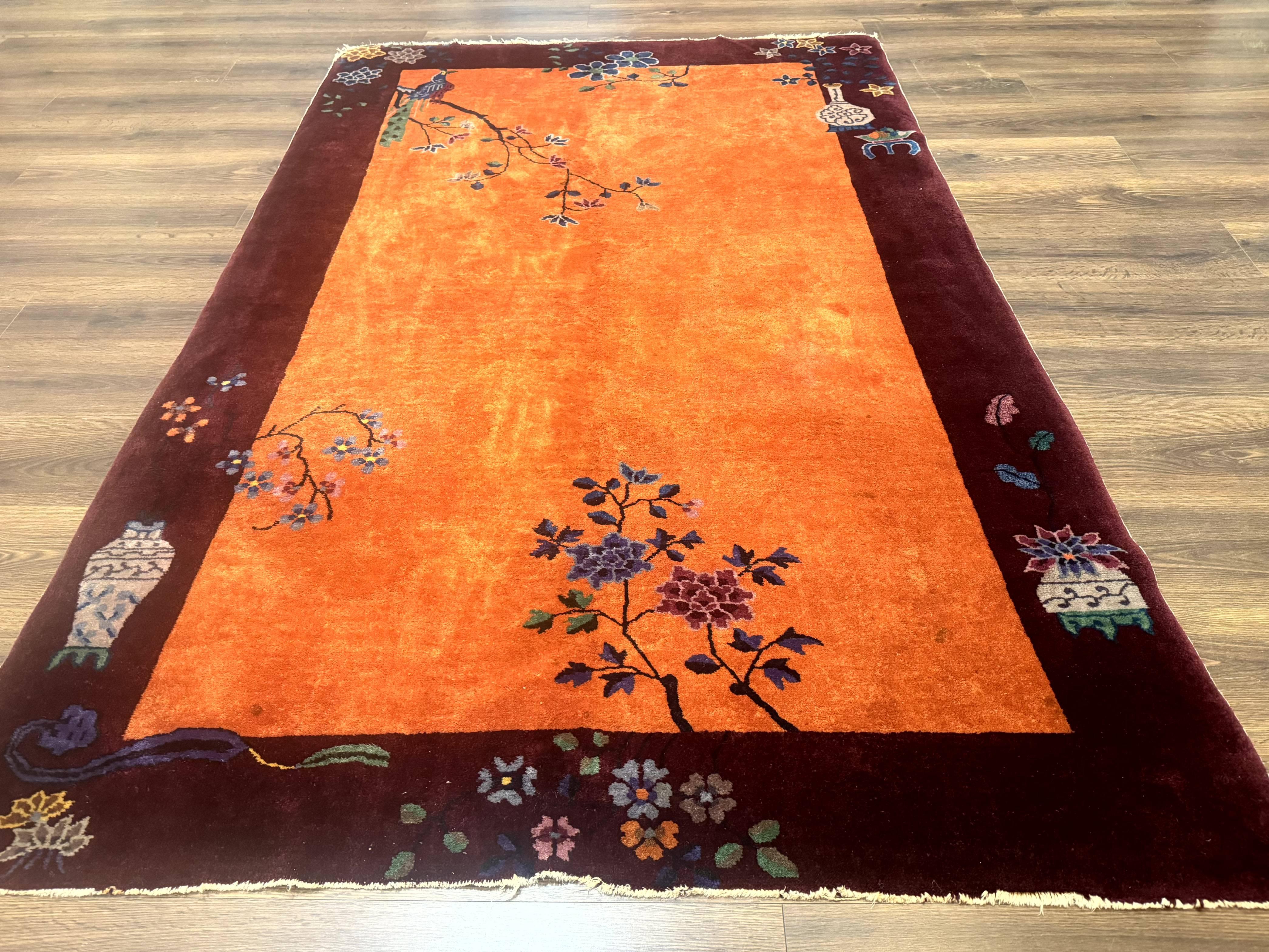 Chinese Art Deco Rug 5x8, Antique Chinese Wool Rug, Nichols Rug, Rare Chinese Carpet, Orange and Purple-Maroon - Jewel Rugs