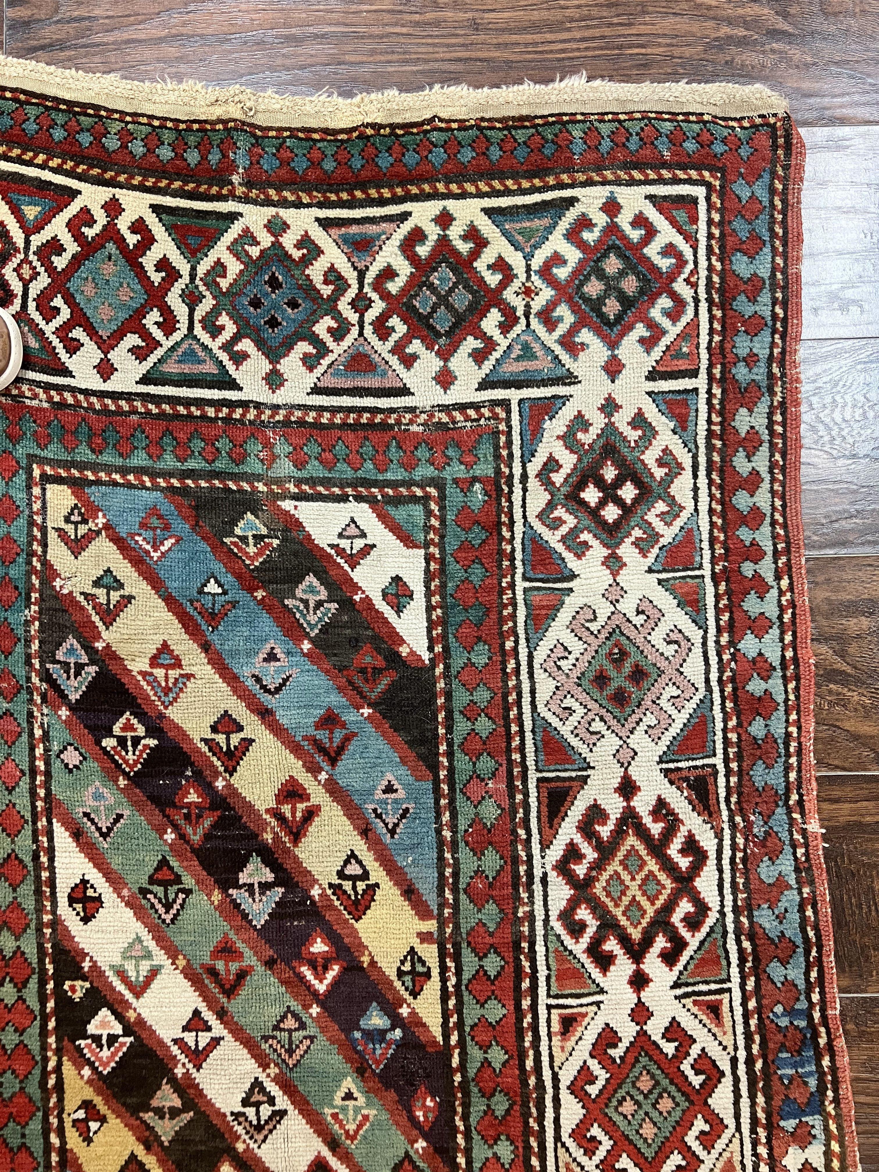 Caucasian Kazak Runner Rug 3.6 x 8, Wool Hand Knotted Antique 1880s Carpet, Ivory & Multicolor Stripes Oriental Runner Rug, Hallway Rug - Jewel Rugs