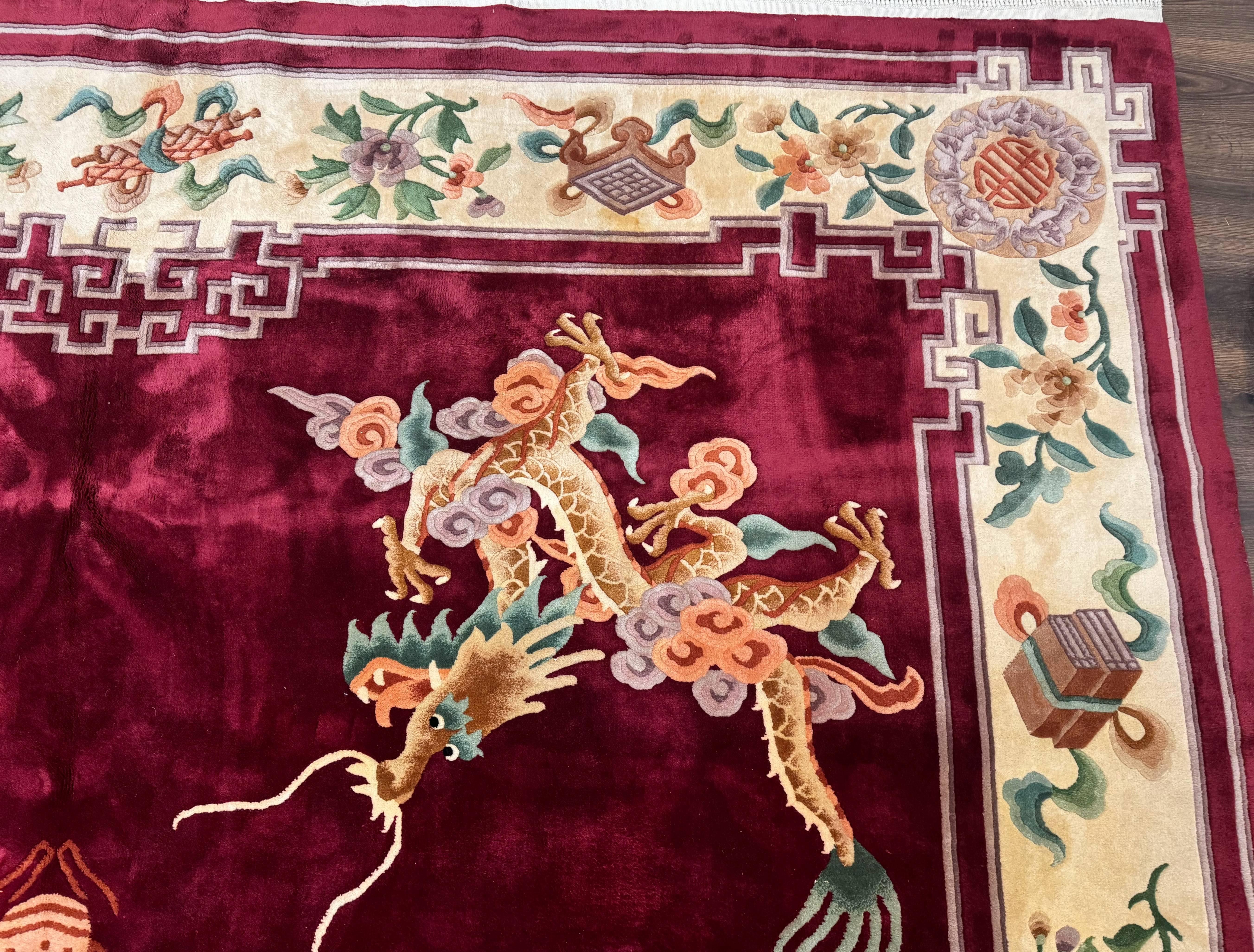 Large Chinese Wool Rug with Dragons 11x18, Palace Size Vintage Handmade Art Deco Carpet, Red and Cream - Jewel Rugs