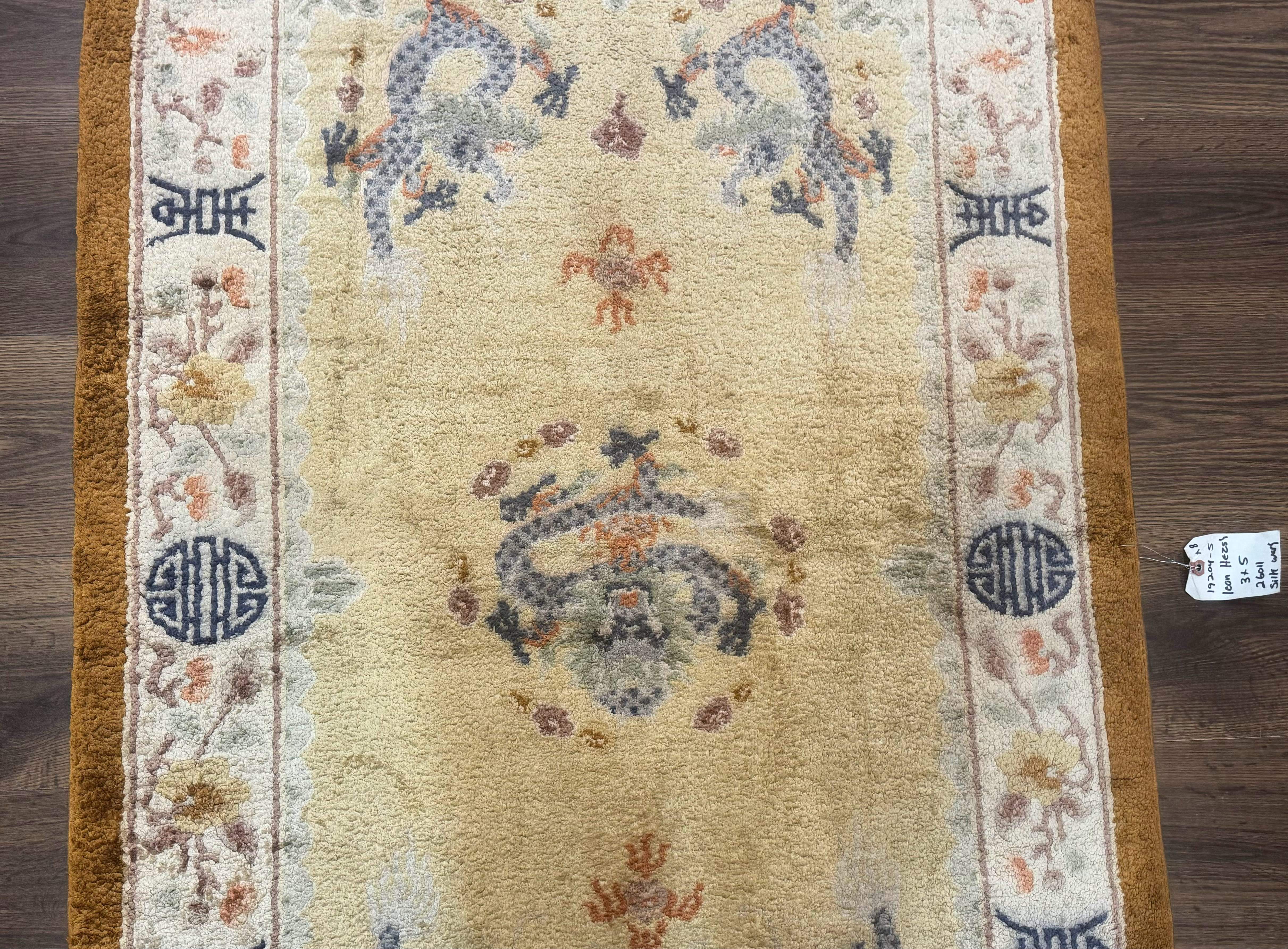 Chinese Silk Rug 3x5, Dragons, Hand Knotted, Cream - Jewel Rugs