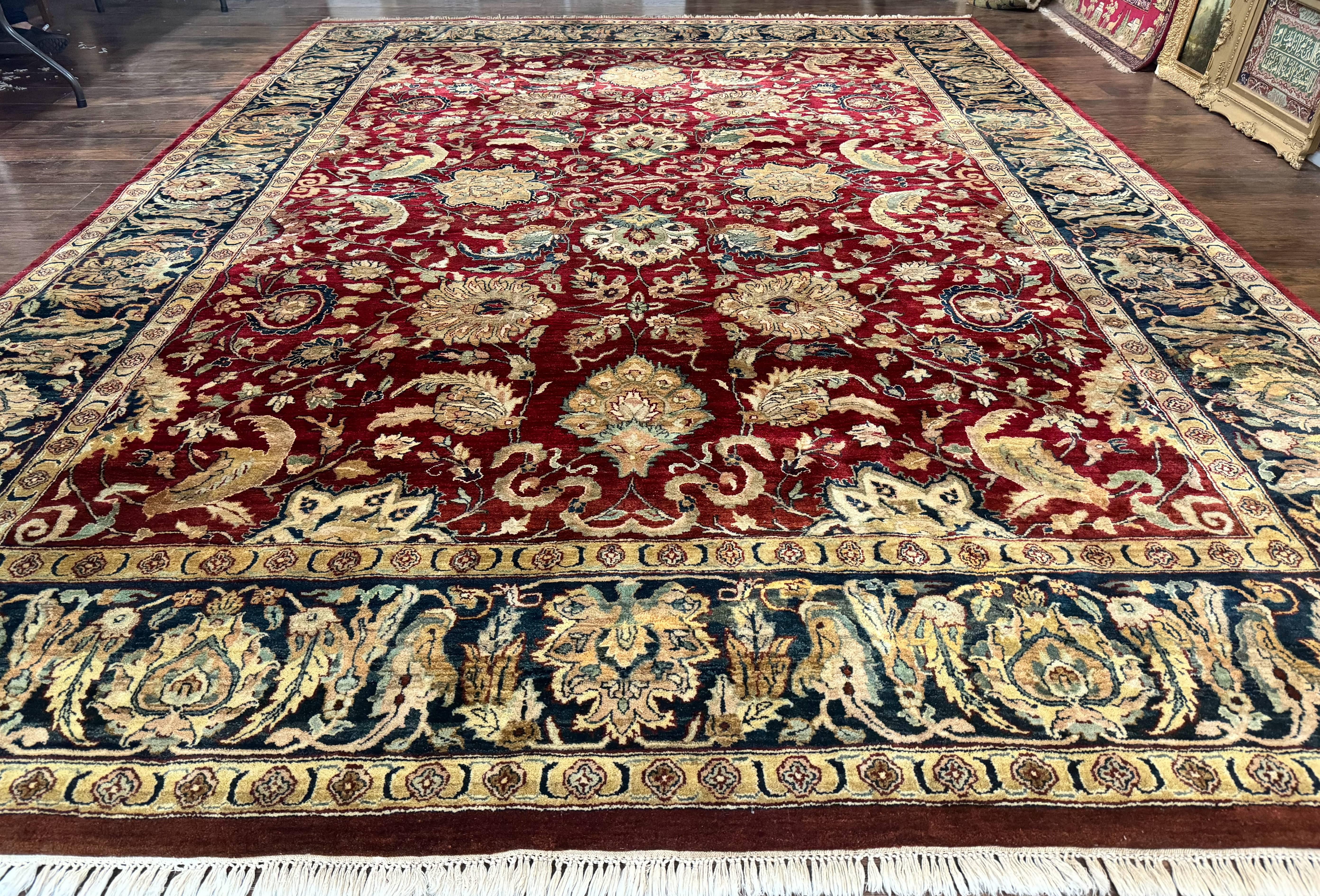 Indo Persian Rug 10x14, Indian Agra Carpet, Vintage Handmade Wool Large Traditional Rug, Dark Red Navy Blue Beige - Jewel Rugs