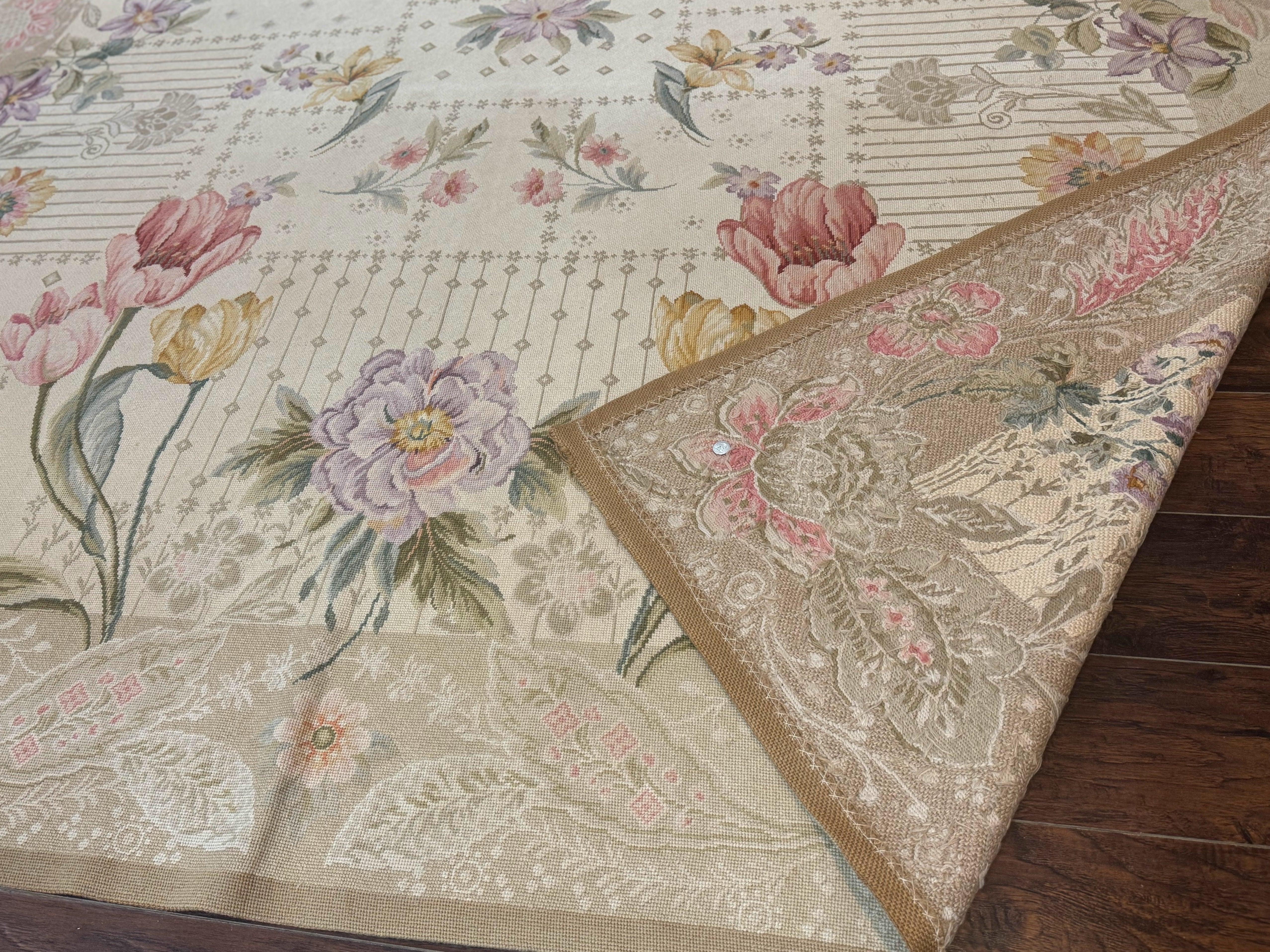 Needlepoint Rug 10x14, Petitepoint Carpet, Floral, Elegant, European Design, Beige Pink Lavender, Large Flowers - Jewel Rugs