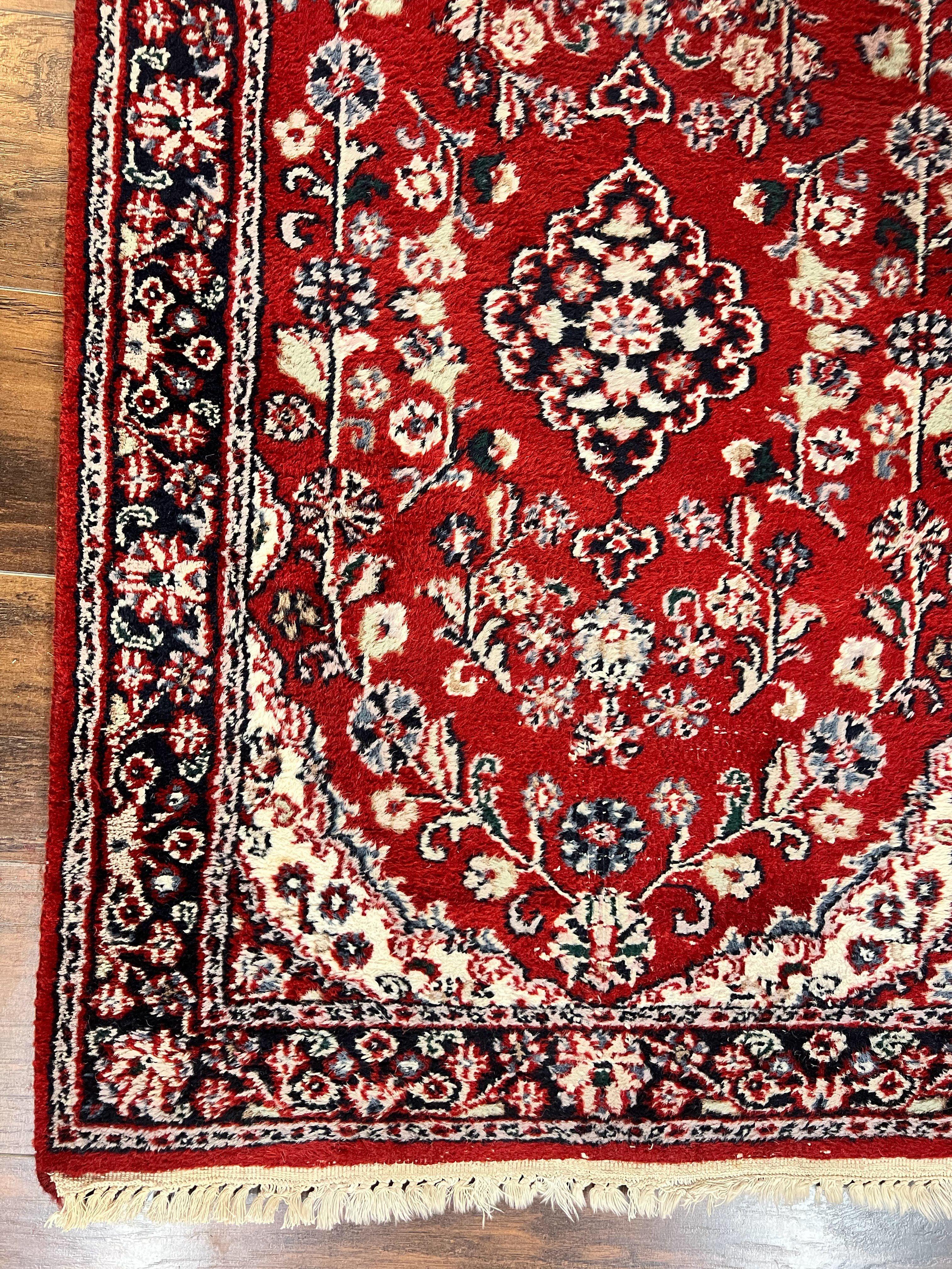 Indo Sarouk Runner Rug 3x8, Wool Hand Knotted Vintage Carpet, Red & Navy Blue Oriental Persian Runner 3 x 8, Floral Hallway Rug - Jewel Rugs