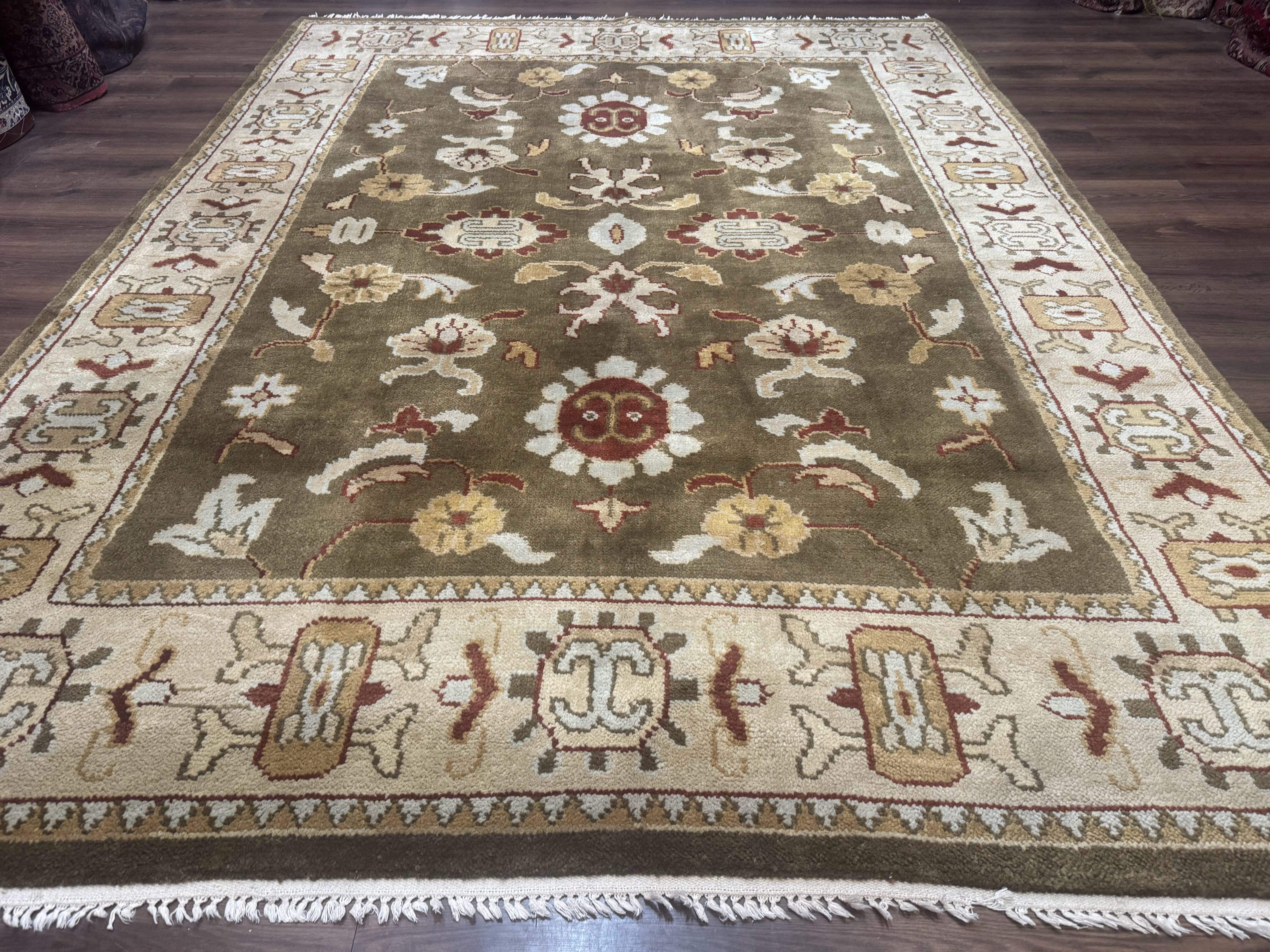 Indo Mahal Rug 8x11 – Olive Green Hand-Knotted Wool Carpet - Jewel Rugs
