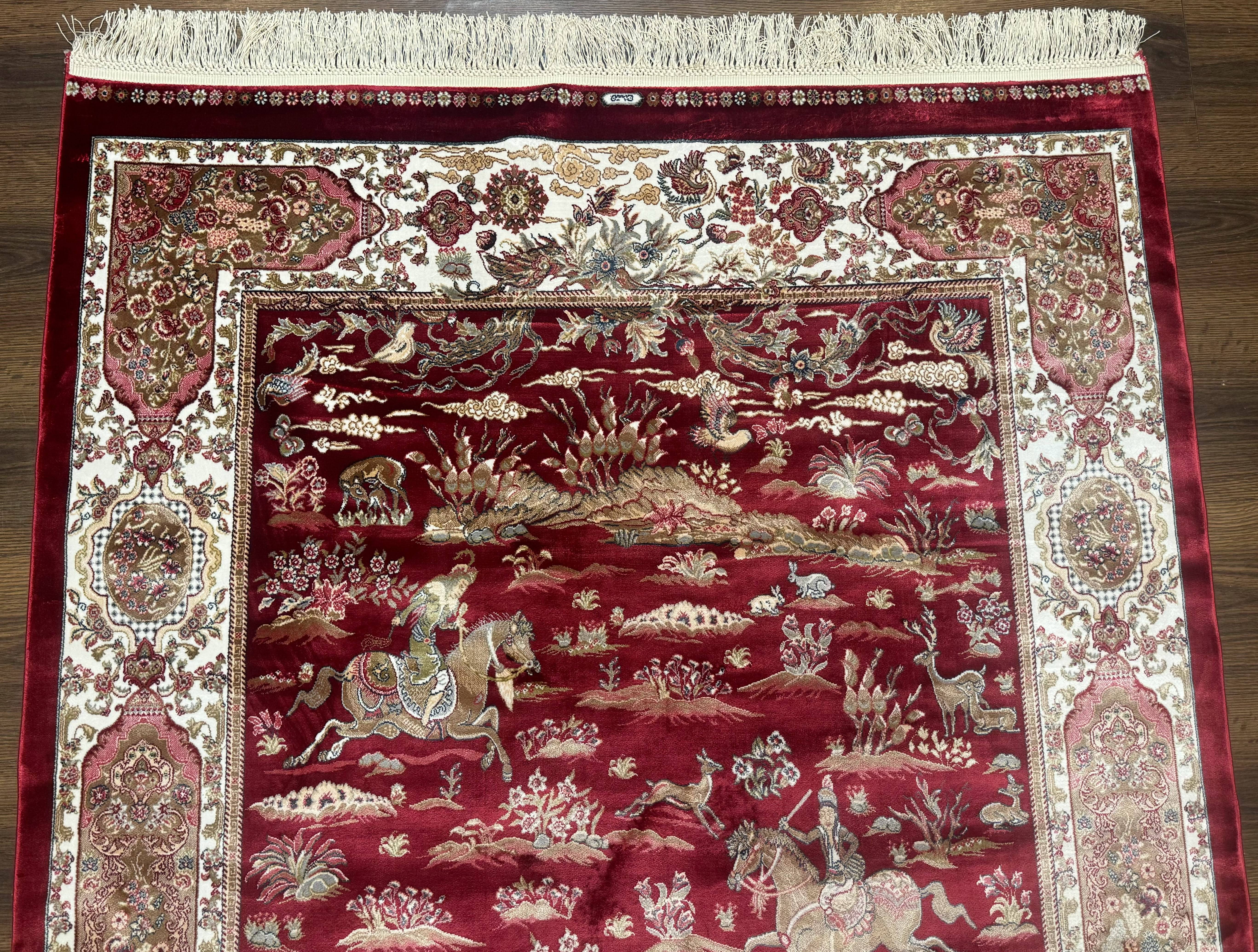 Turkish Silk Hunting Design Rug 4x6, Dark Red & Ivory, Bamboo Silk, New - Jewel Rugs