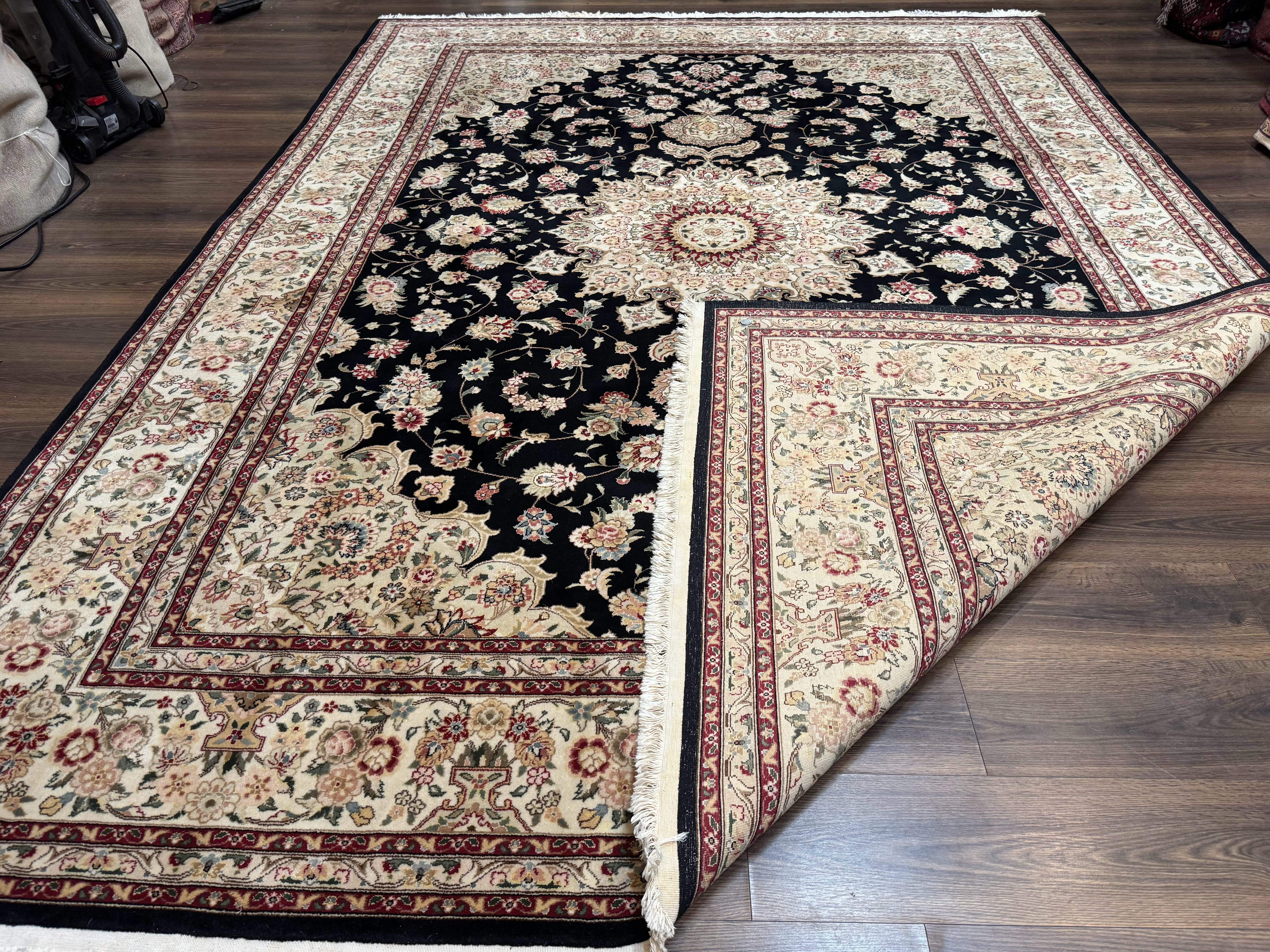 Sino Persian Rug 9x12, Black and Beige, Floral Medallion, Wool & Silk, Handmade - Jewel Rugs
