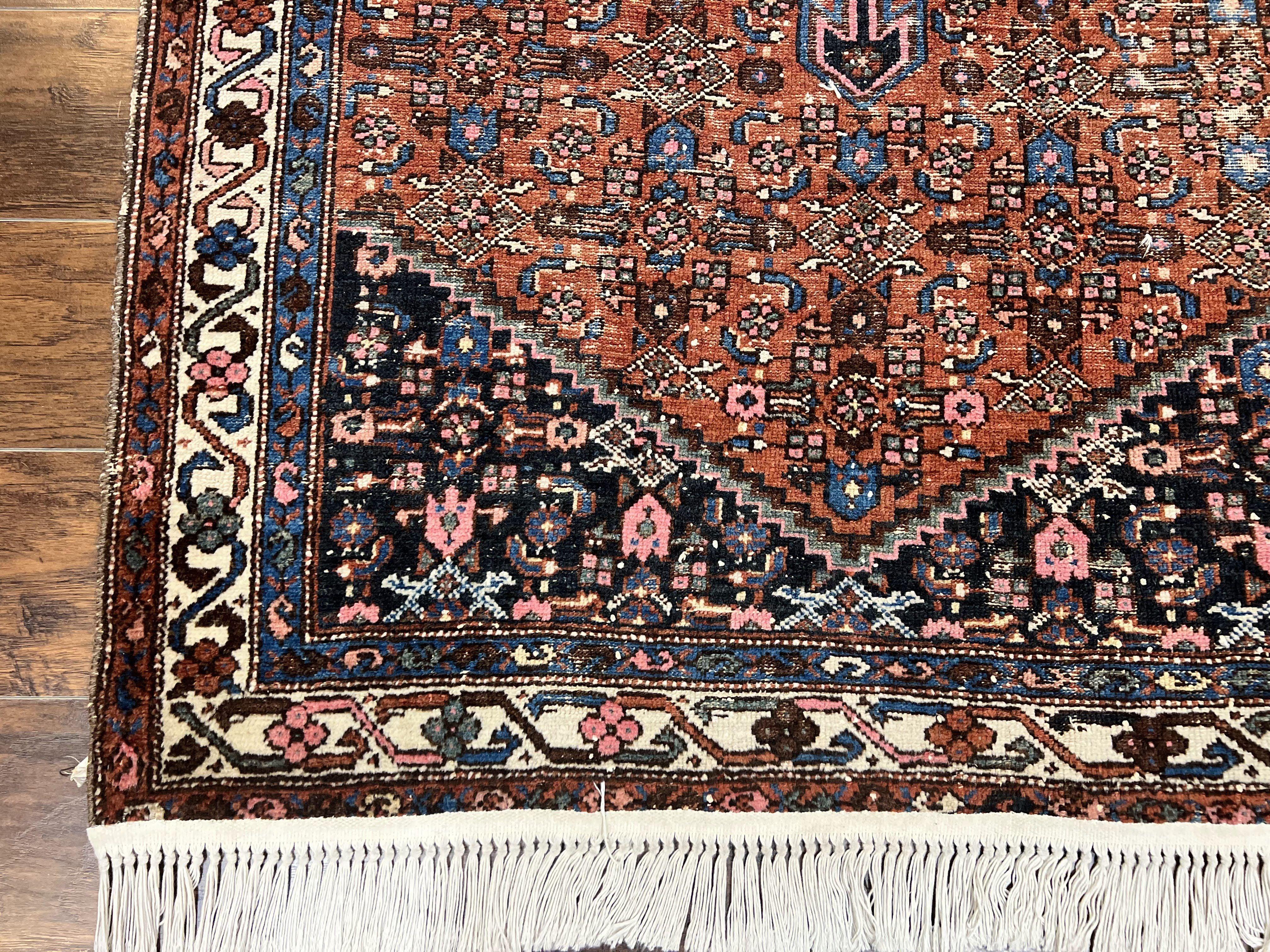 Red Persian Hamadan Rug 4x6, Wool Handmade Antique Carpet, Geometric Medallion Rug, Oriental Rug 4 x 6, Persian Tribal Rug, Hand Knotted Rug - Jewel Rugs