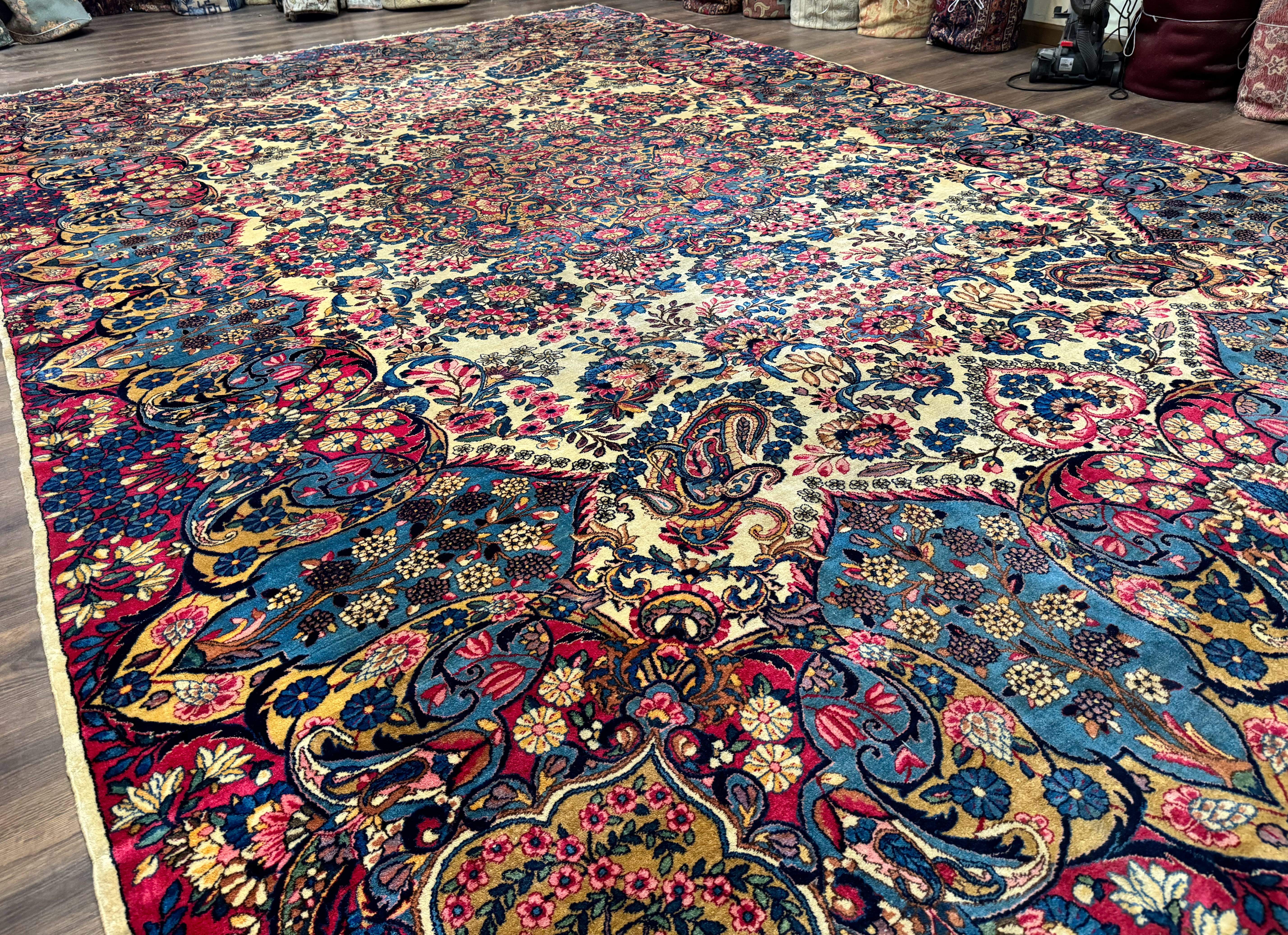 Wonderful Persian Kerman Rug 11x16, Rare Antique Palace Size Persian Carpet, Cream Blue Red, Colorful - Jewel Rugs