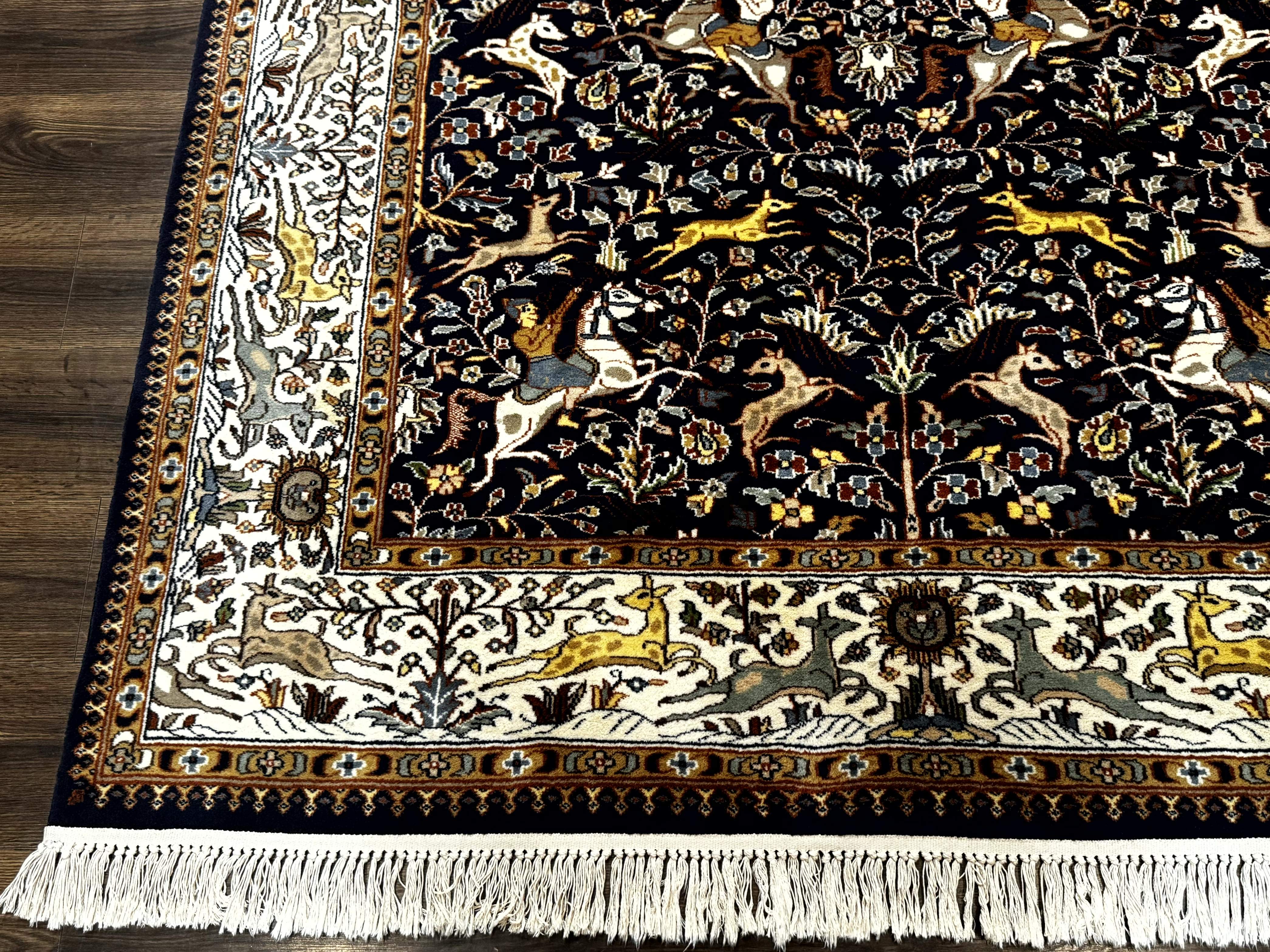 Indian Kashmiri Rug 6x9, Navy Blue and Ivory, Tree of Life, Hunting Design, Animal Pictorials, Horse Deer - Jewel Rugs