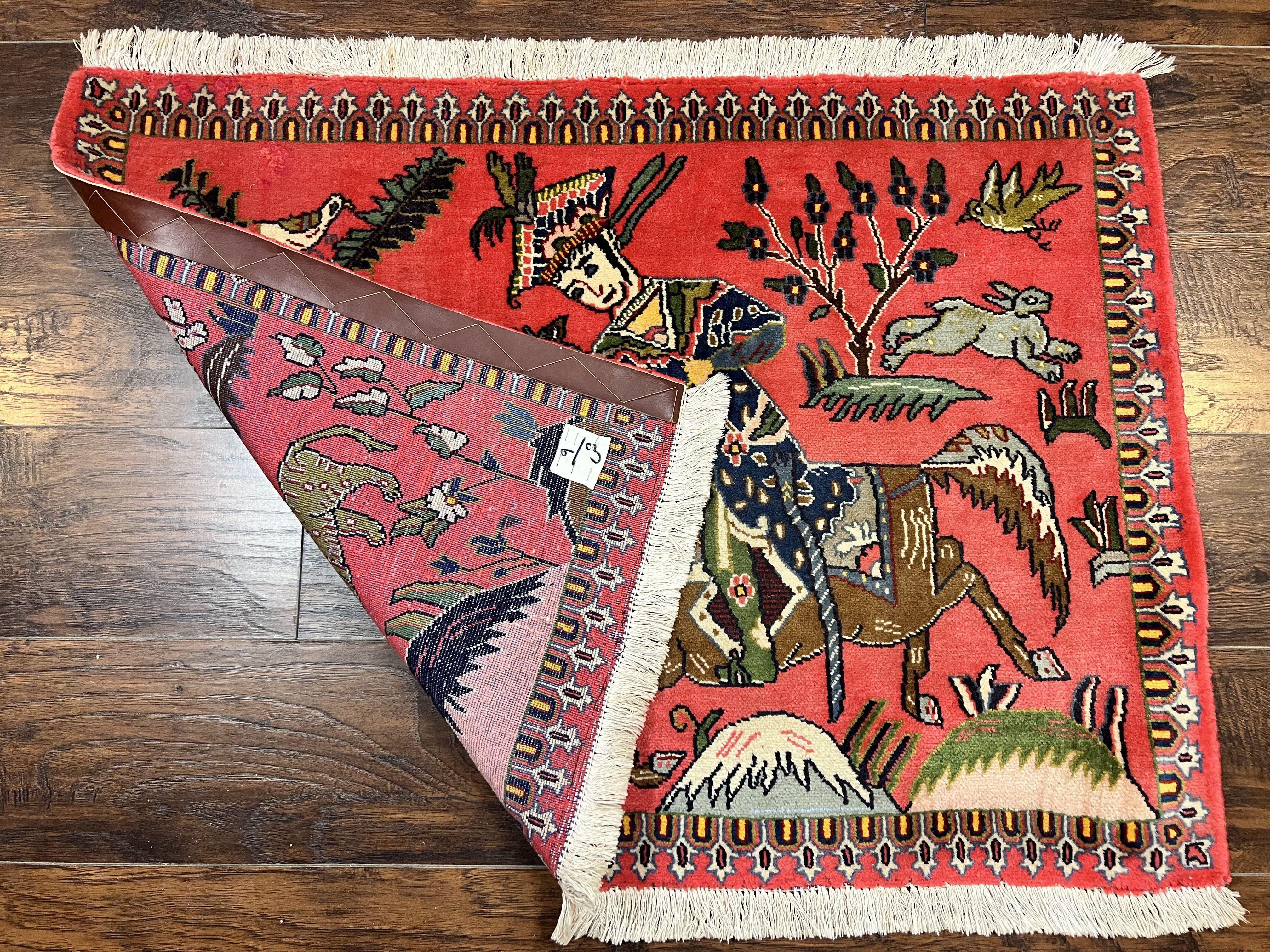 Persian Kashan Hunting Rug 4x3, Wool Hand-Knotted Vintage Carpet, Semi Antique Pictoral Rug, Red, Horsemen Lion Animal Pictorials - Jewel Rugs