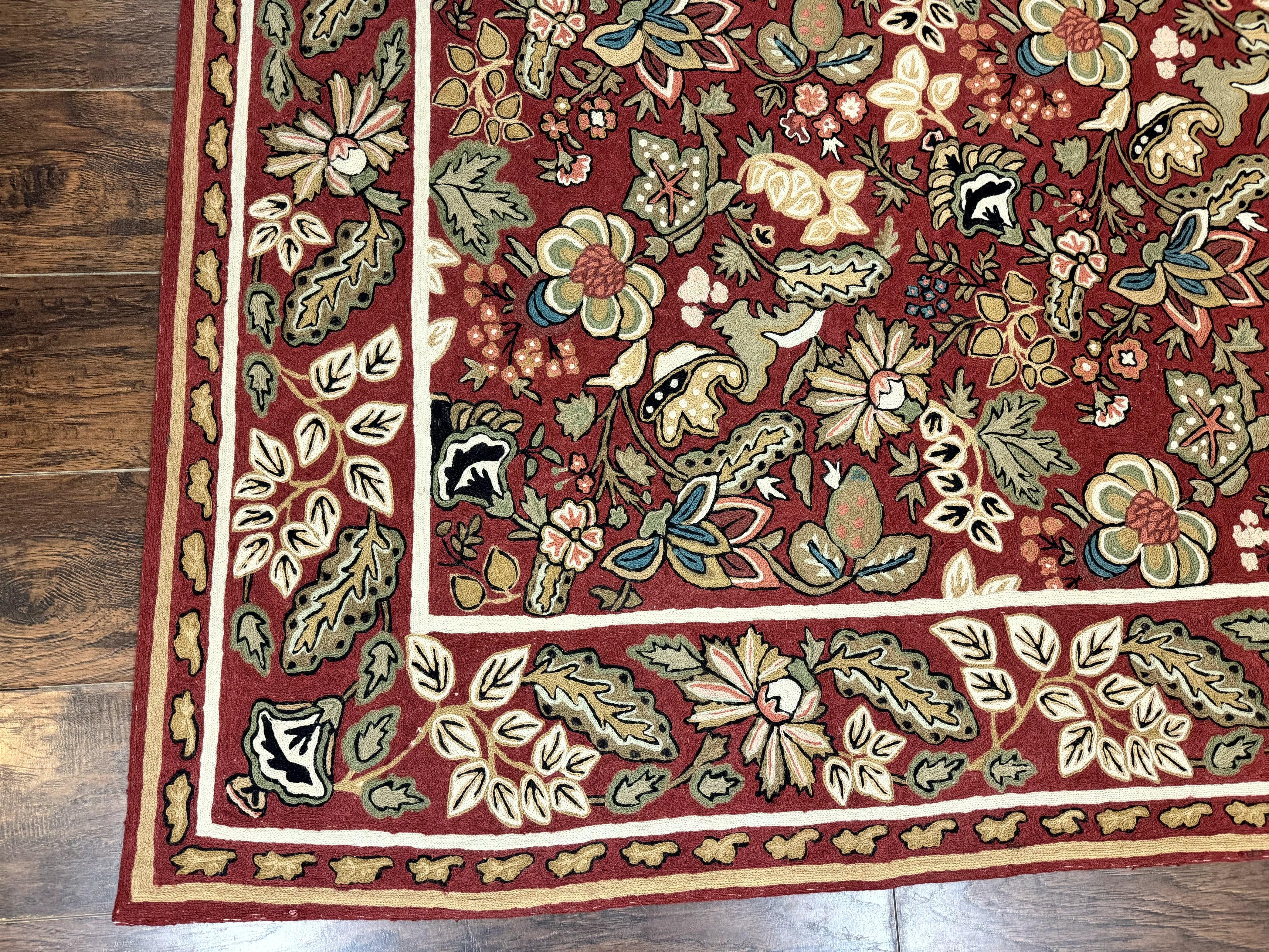 Indian Hand Stitched Rug 8x10, Large Vintage Floral Handmade Carpet, Dark Red Multicolor - Jewel Rugs
