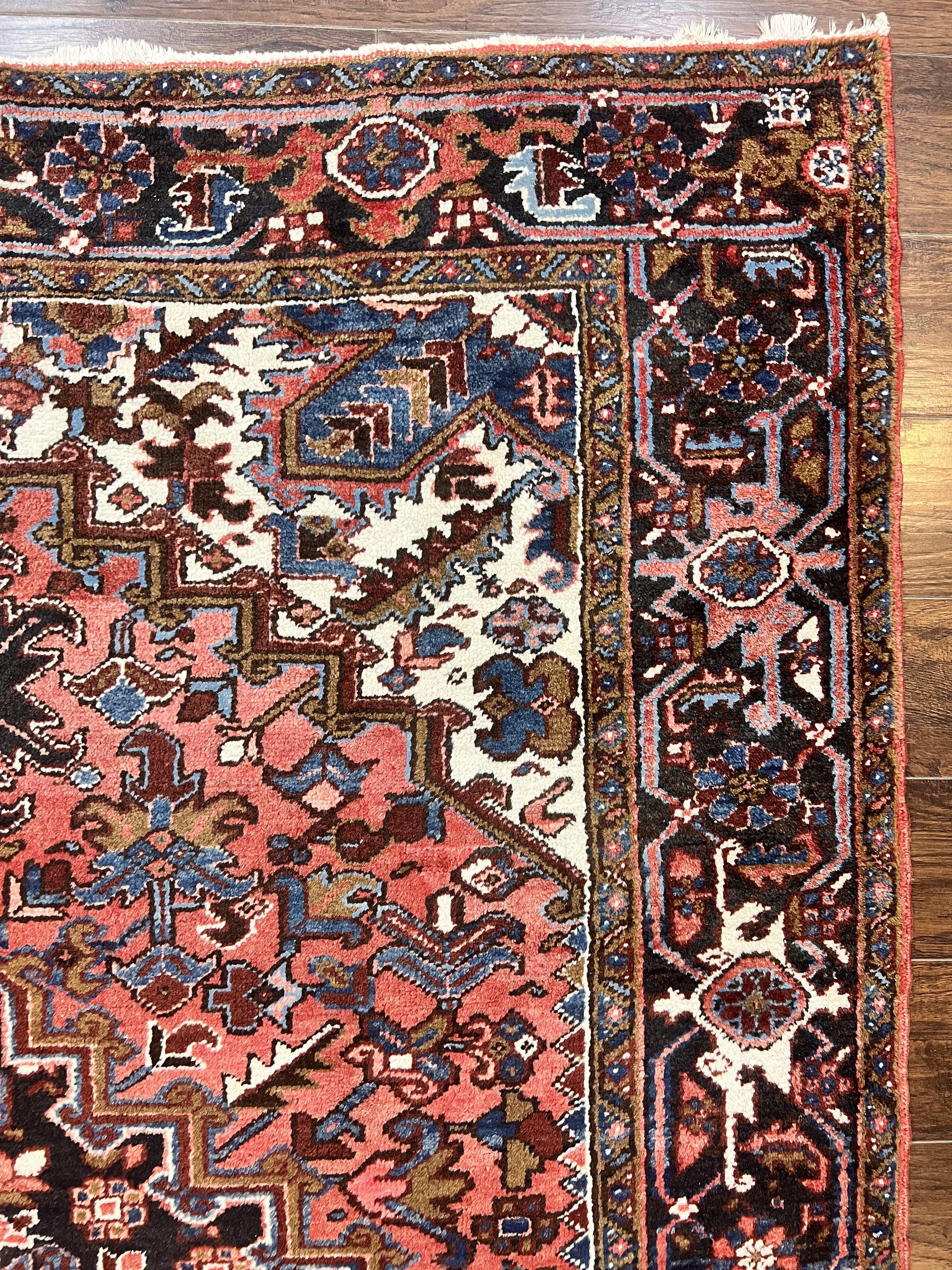 Persian Heriz Rug 7x10, Wool Hand Knotted Vintage Geometric Carpet, Red and Ivory, 7 x 10 Oriental Rug - Jewel Rugs