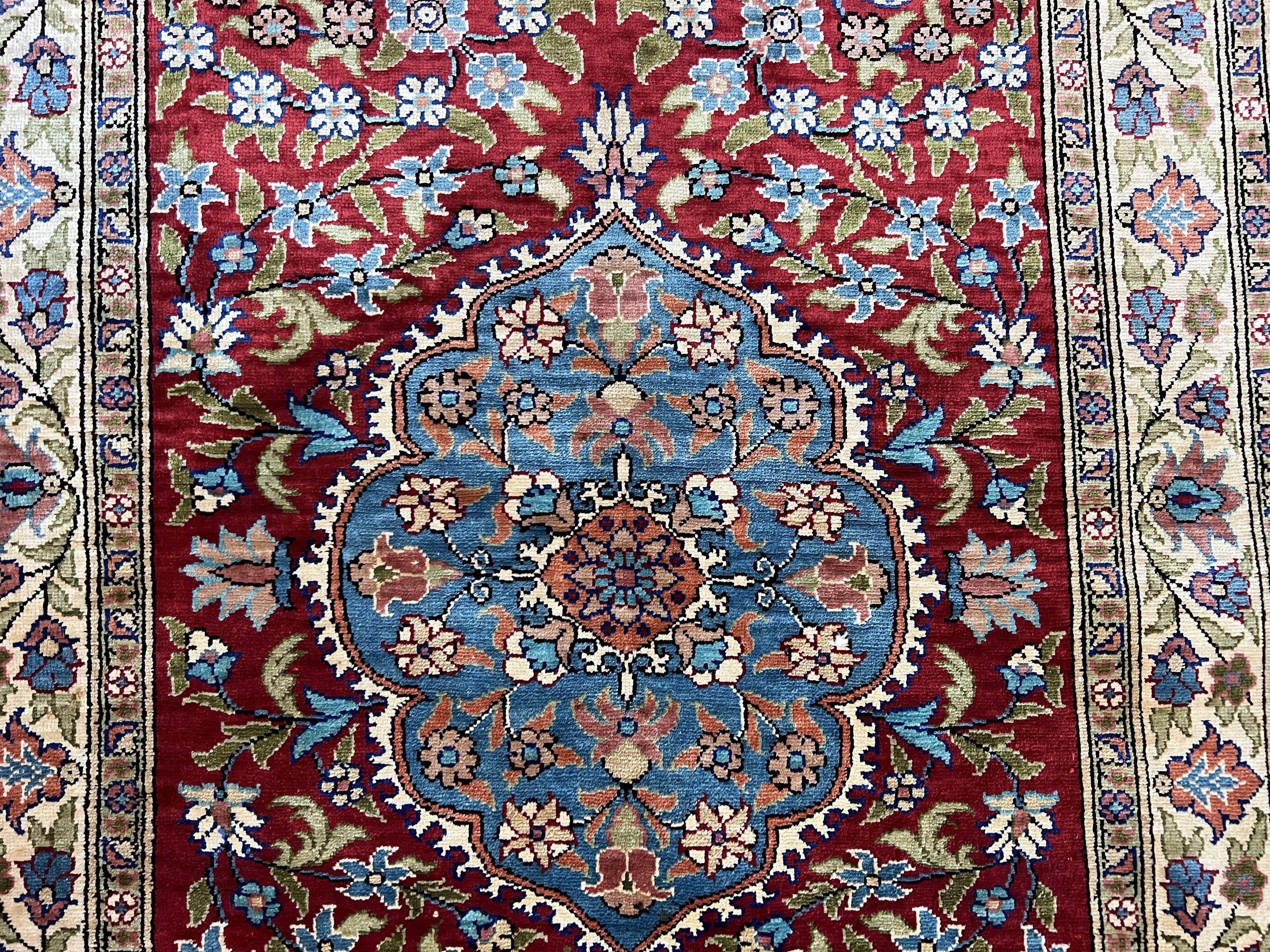 Silk Turkish Kayseri Rug 2x3, Small All Silk Turkish Carpet, Red and Light Blue, Very Fine Hand Knotted Semi Antique Vintage Handmade Rug - Jewel Rugs