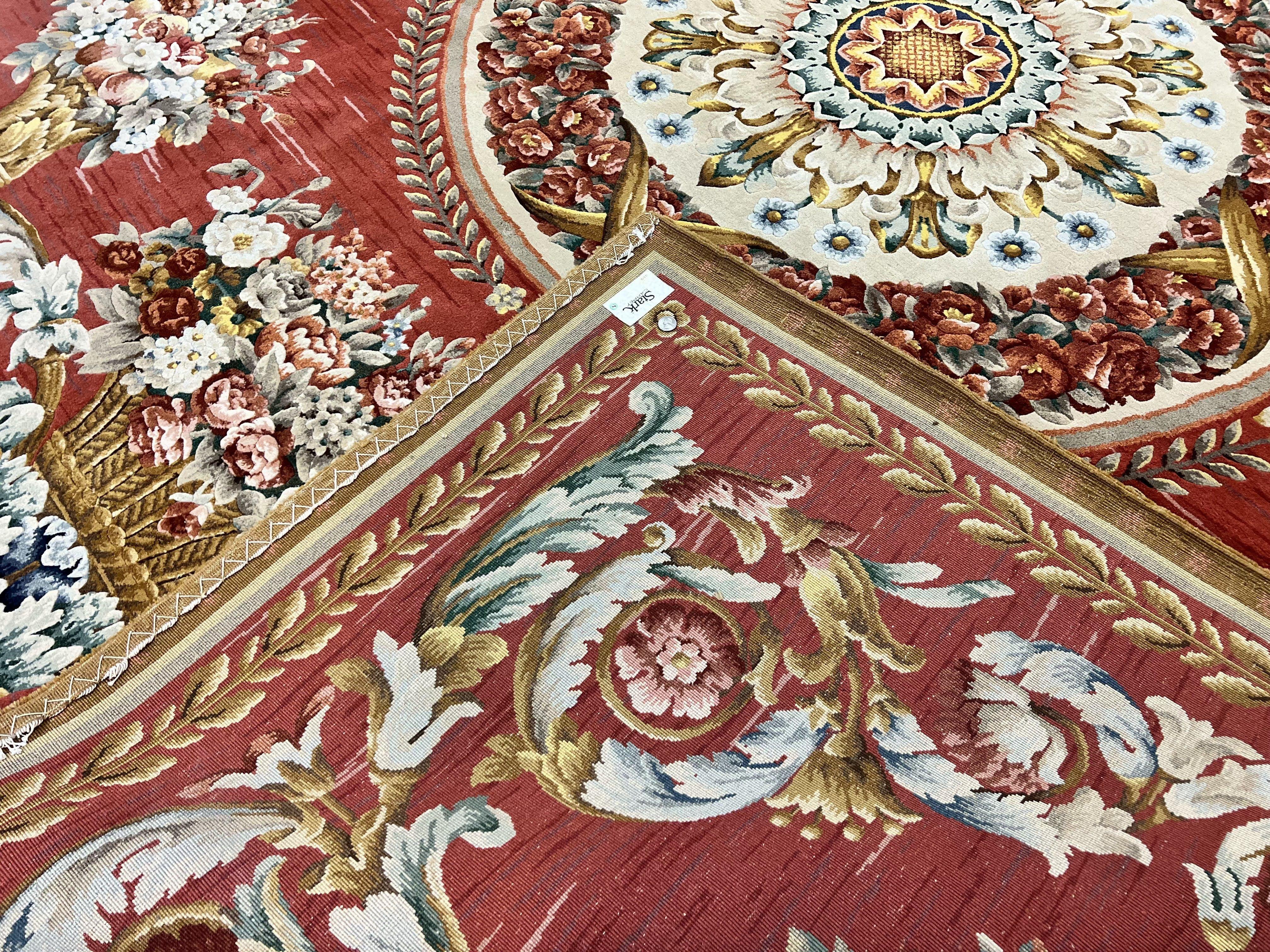 Aubusson Rug 10x12, Large Handmade Aubusson Wool Pile Vintage Stark Carpet 10 x 12, Savonnerie French European Design Floral Bouquets, Red - Jewel Rugs