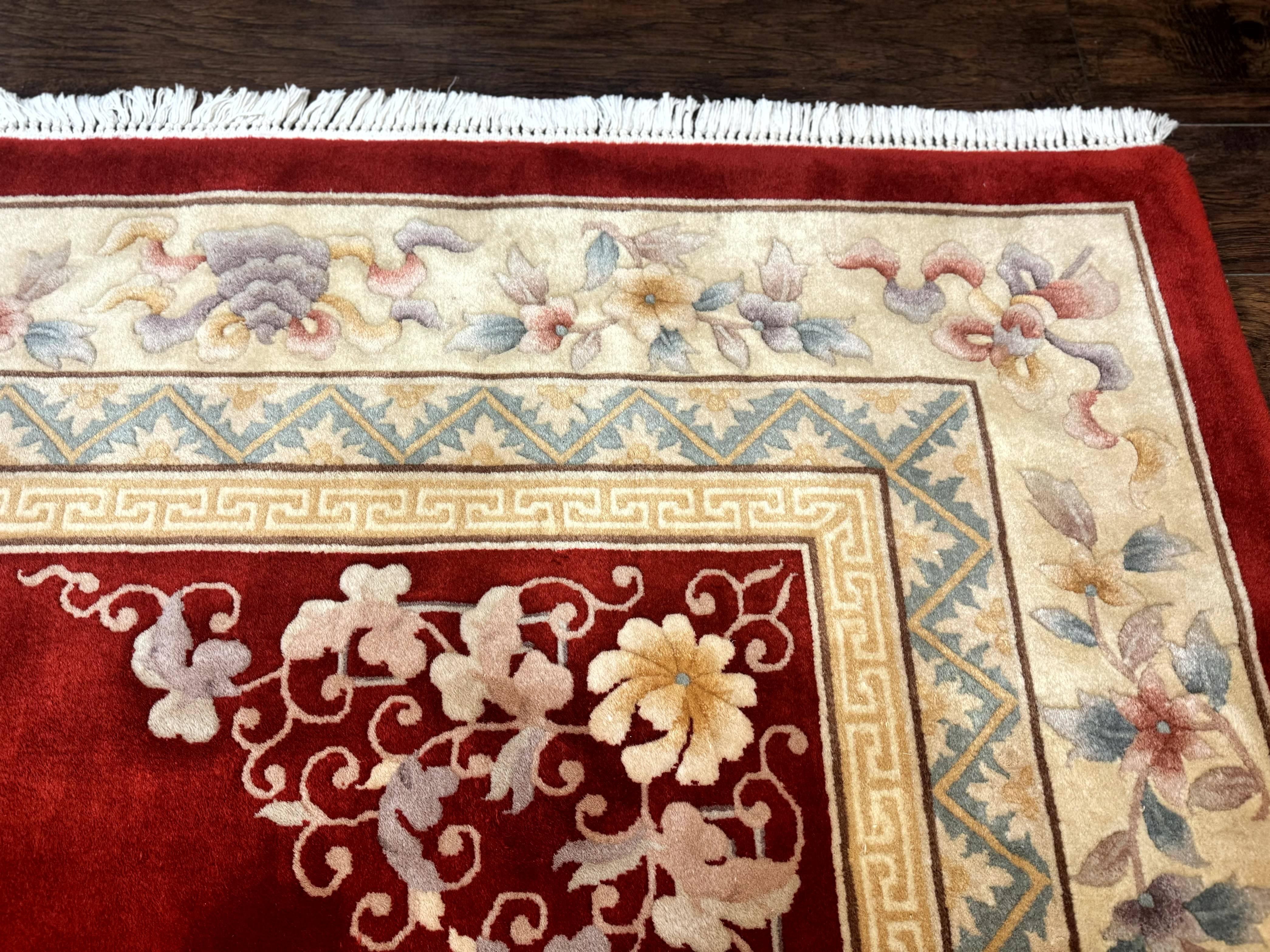 Chinese Wool Rug 8.6 x 11, Red and Beige Asian Oriental Carpet, Plush Pile, Vintage Handmade Chinese Carving Sculpted Rug, Semi Open Field - Jewel Rugs