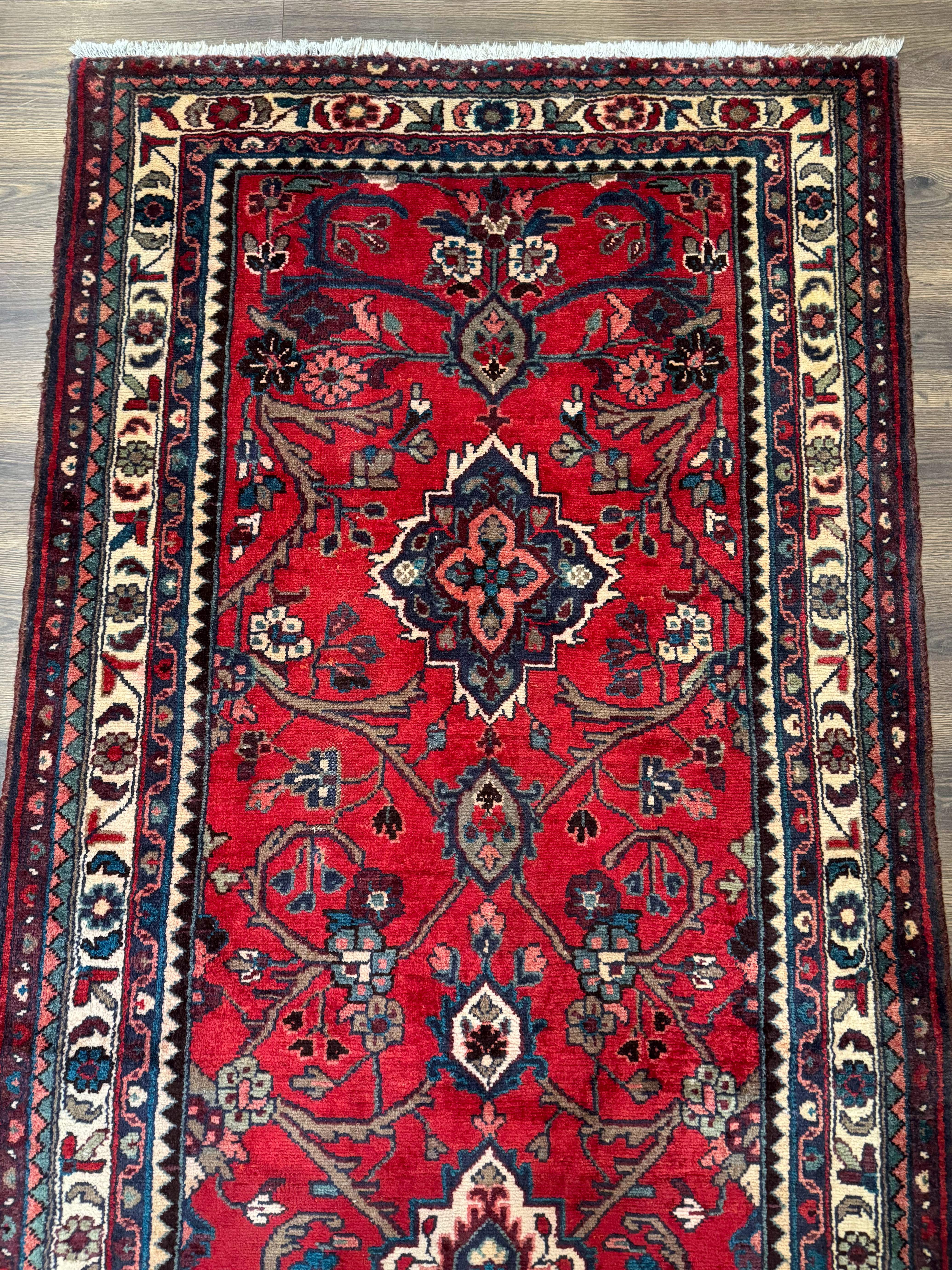 Persian Runner Rug 3.8 x 10, Red, Medallions, Hand Knotted Rug for Hallway, Hamadan Malayer - Jewel Rugs