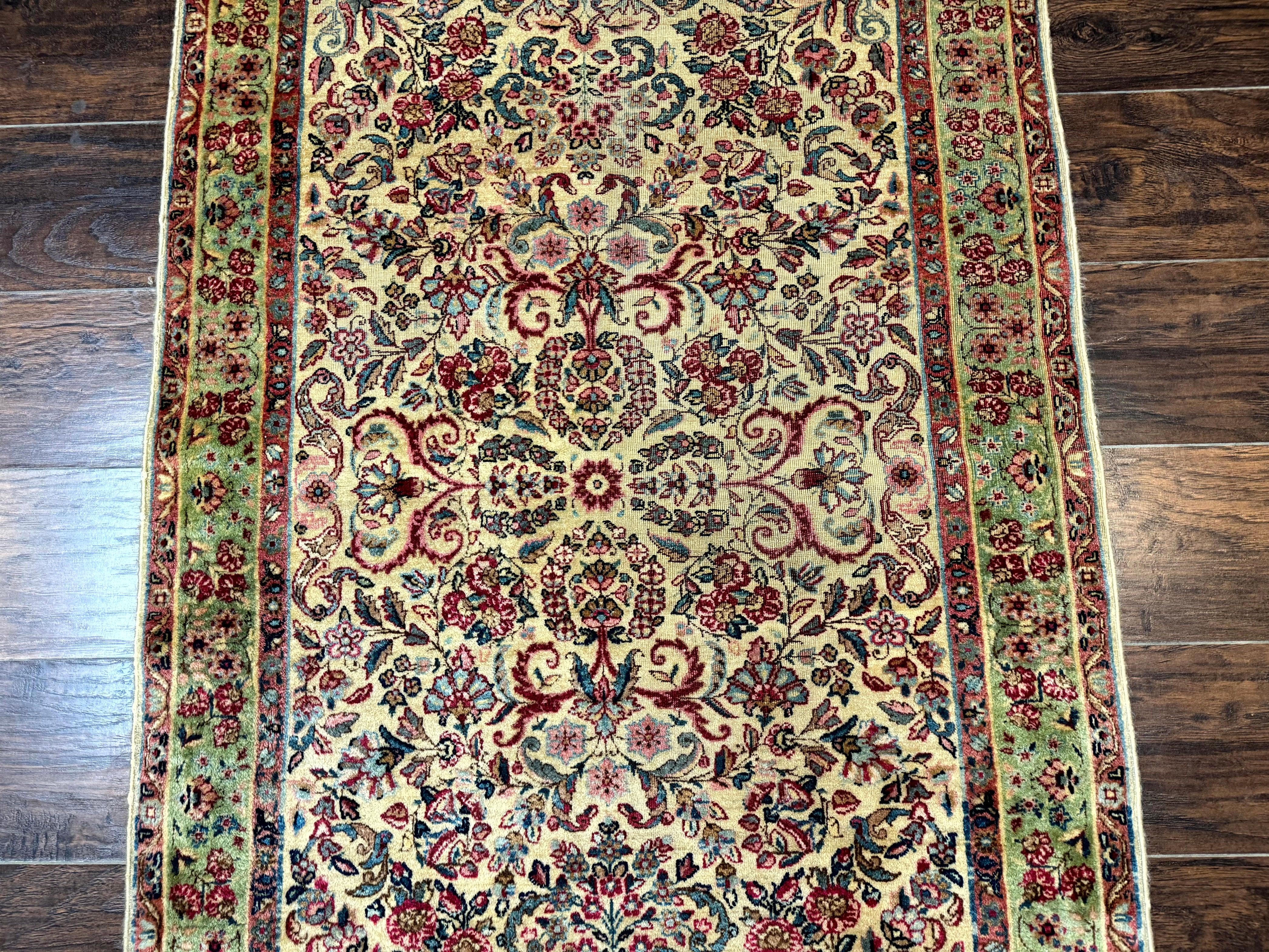 Antique Persian Kerman Rug 3x5, Floral Design, Cream and Light Green - Jewel Rugs