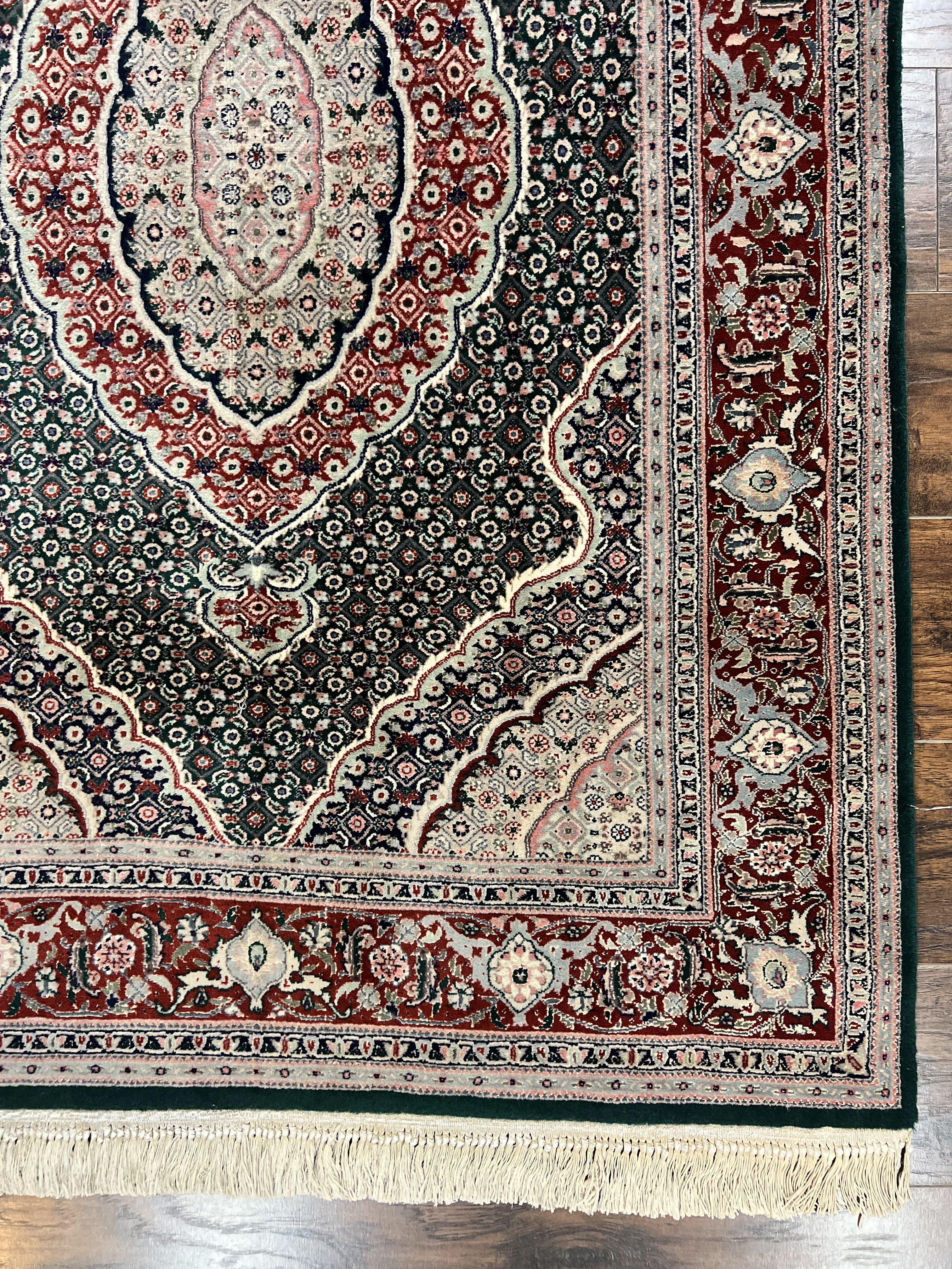Sino Persian Rug 4x6, Wool with Silk Highlights, Fine Hand Knotted Carpet, Green & Maroon Red, Herati Medallion, Vintage Rug - Jewel Rugs