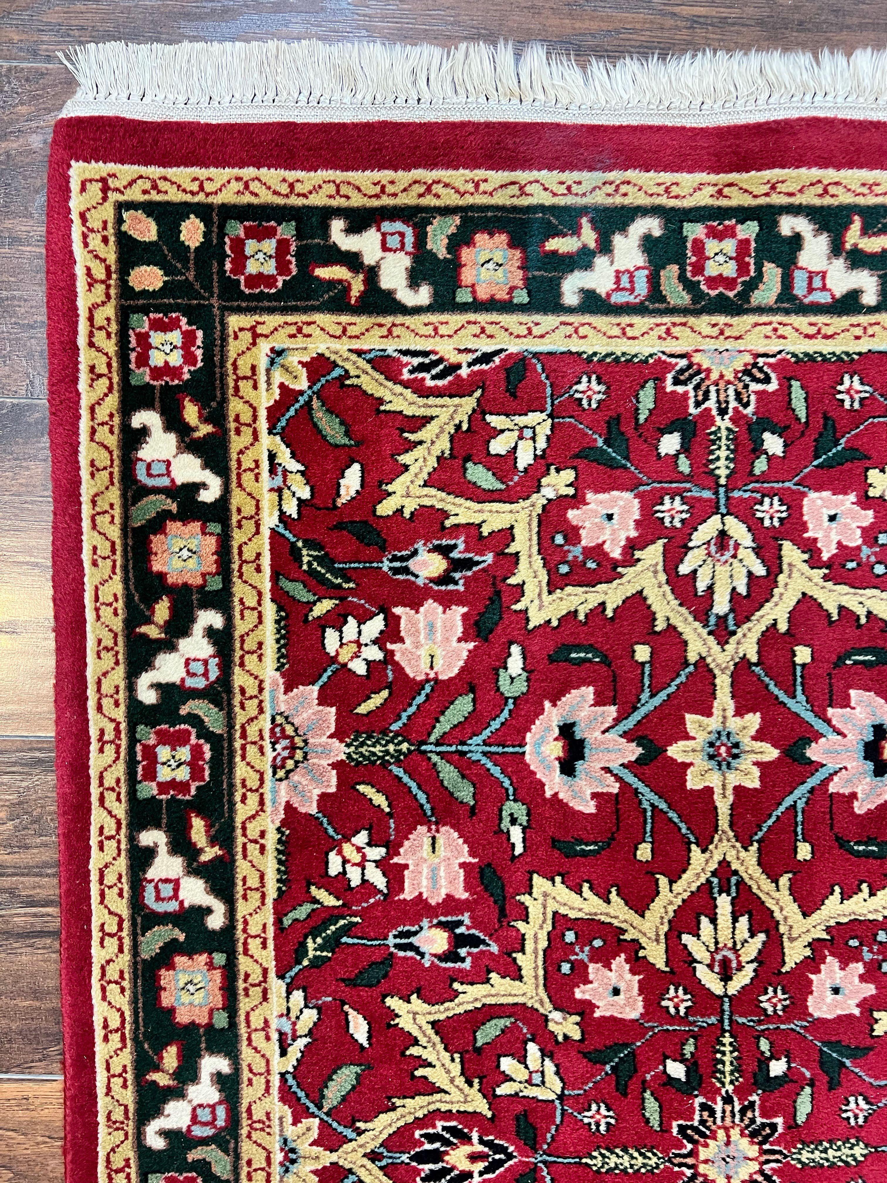 Indo Sarouk Runner Rug 2.6 x 10 ft, Floral Hand Knotted Wool Handmade Vintage Indian Hallway Rug, Red Tan Black, 10ft Persian Runner - Jewel Rugs