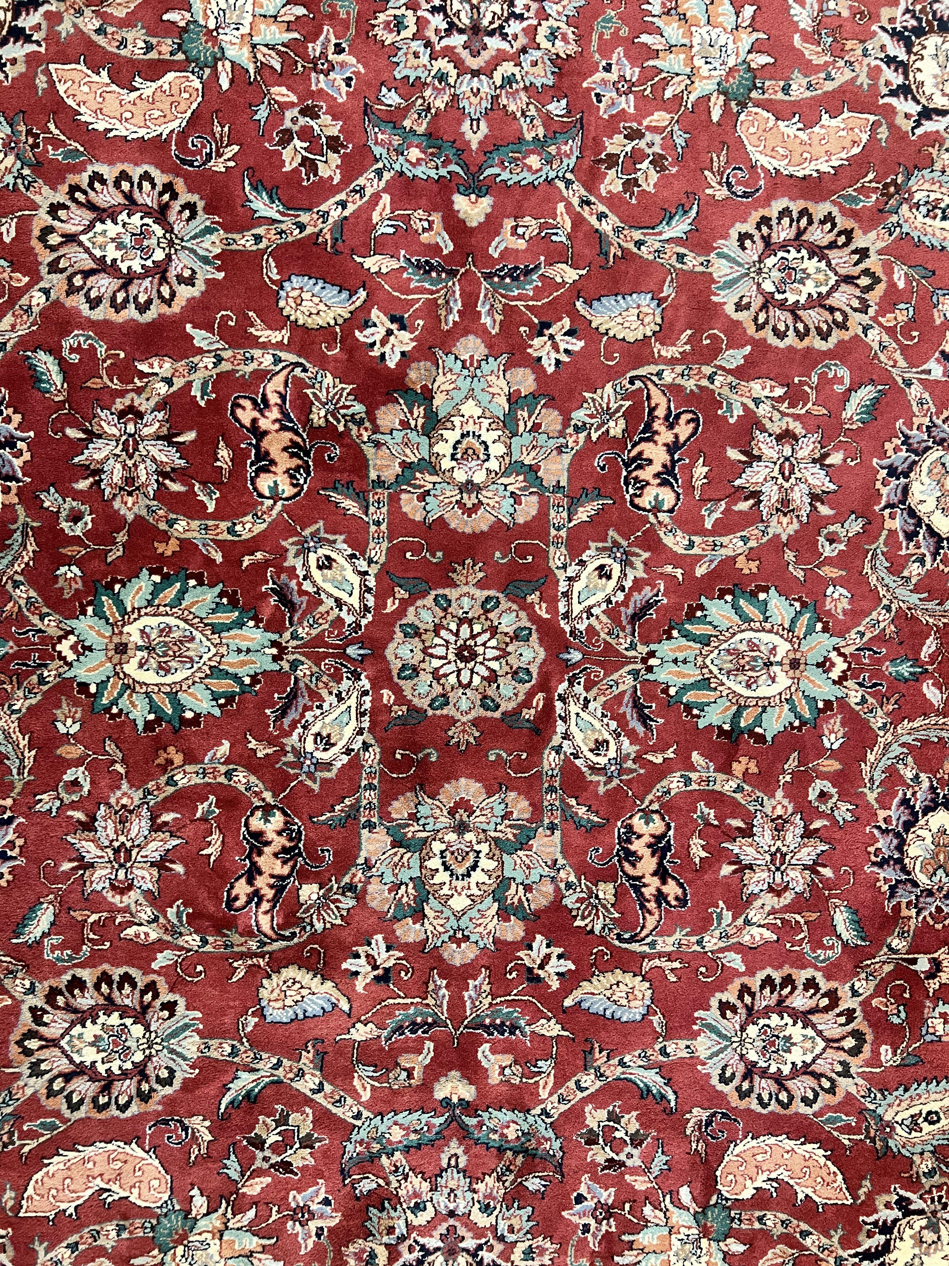 Indo Persian Rug 9x12, Wool Hand Knotted Vintage Carpet, Red & Green, Floral Allover 9 x 12 Room Sized Oriental Rug - Jewel Rugs