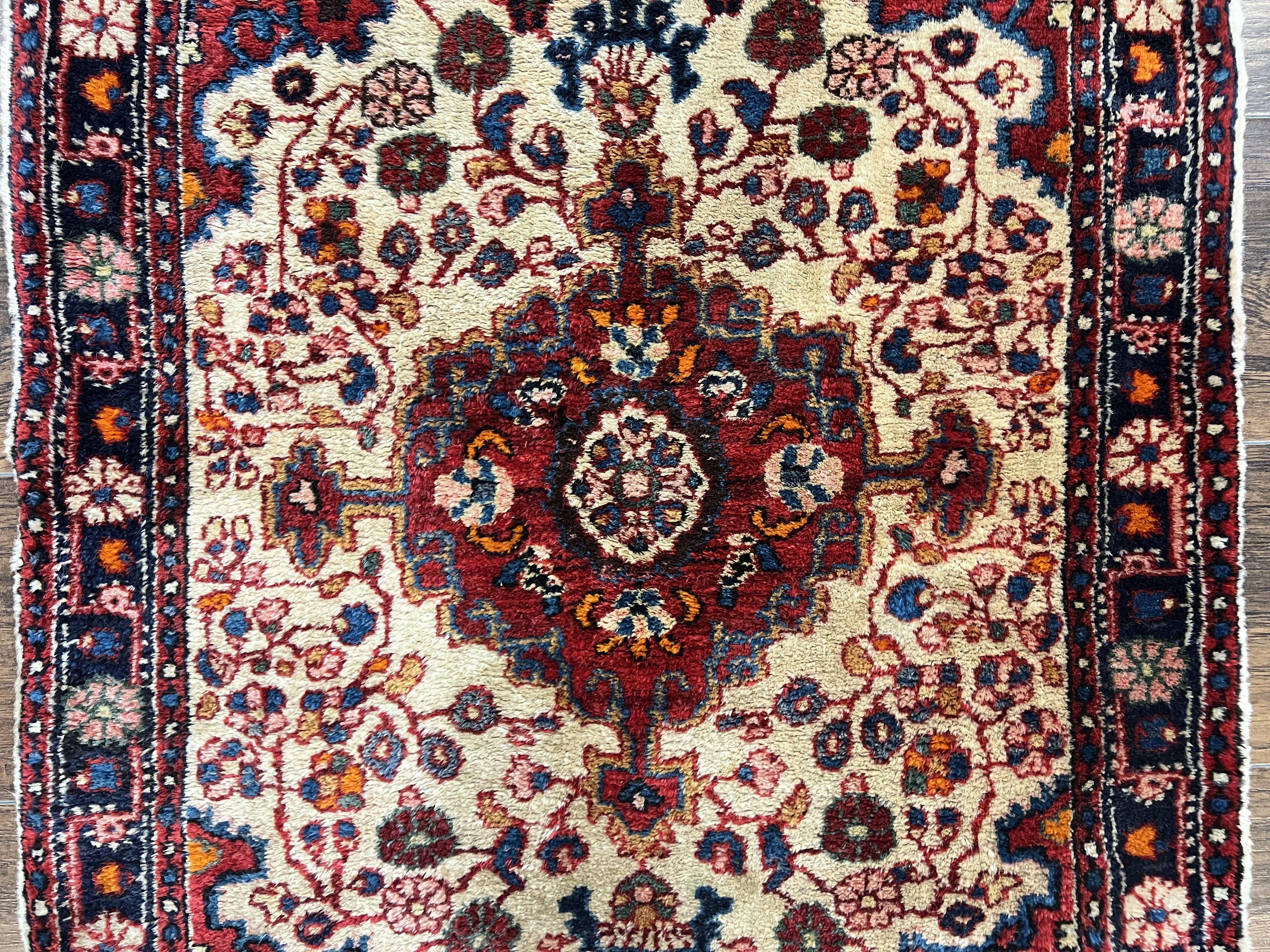 Persian Sarouk Rug 2x3, Antique Wool Hand Knotted Carpet, Cream/Ivory & Red, Small Floral Medallion Rug, Handmade Oriental Carpet - Jewel Rugs