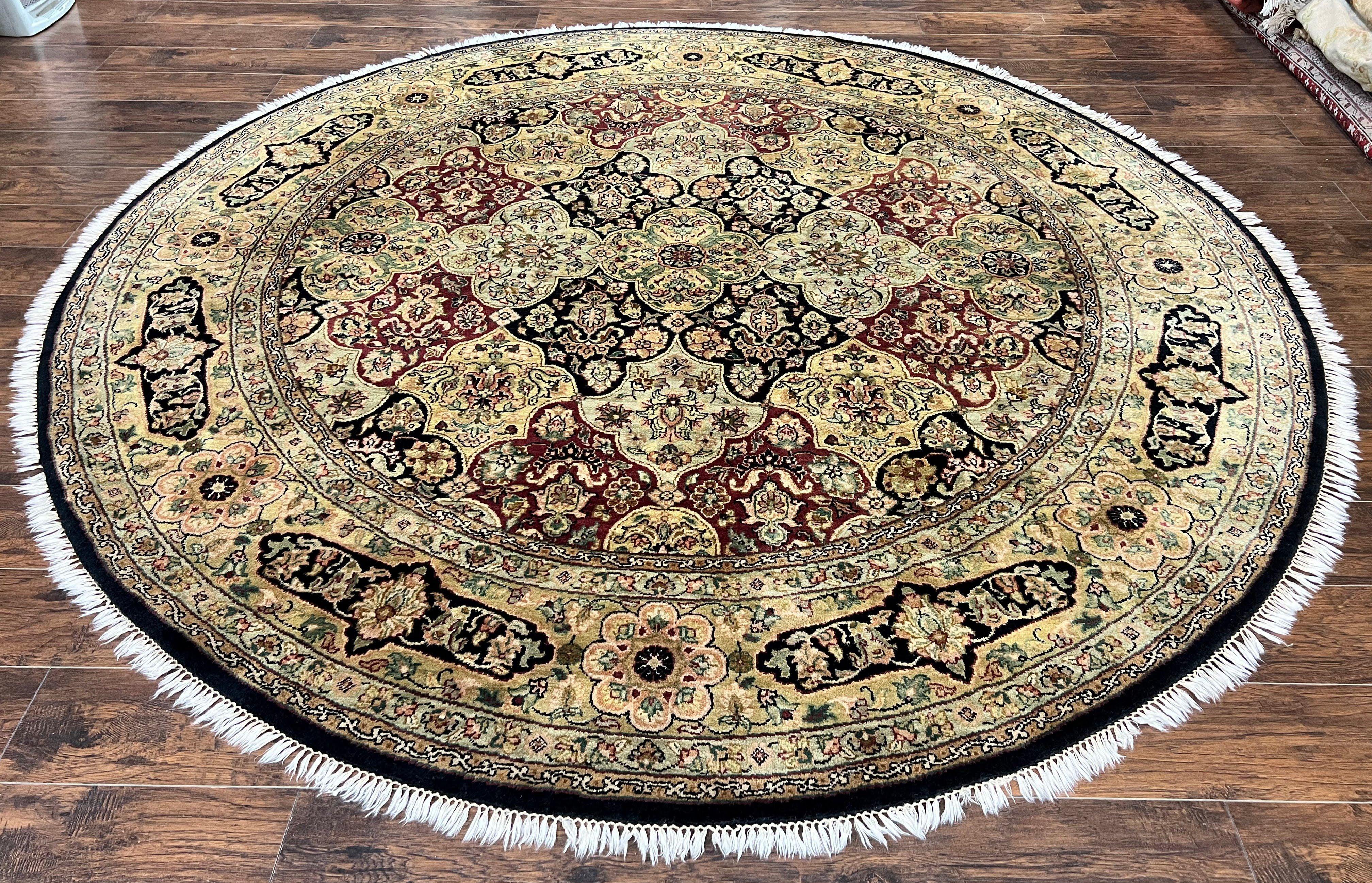 Indo Mahal Round Rug 9x9 ft, Large Circular Handmade Hand Knotted Area Rug, Red Midnight Blue Beige Wool Indian Oriental Carpet, Traditional - Jewel Rugs