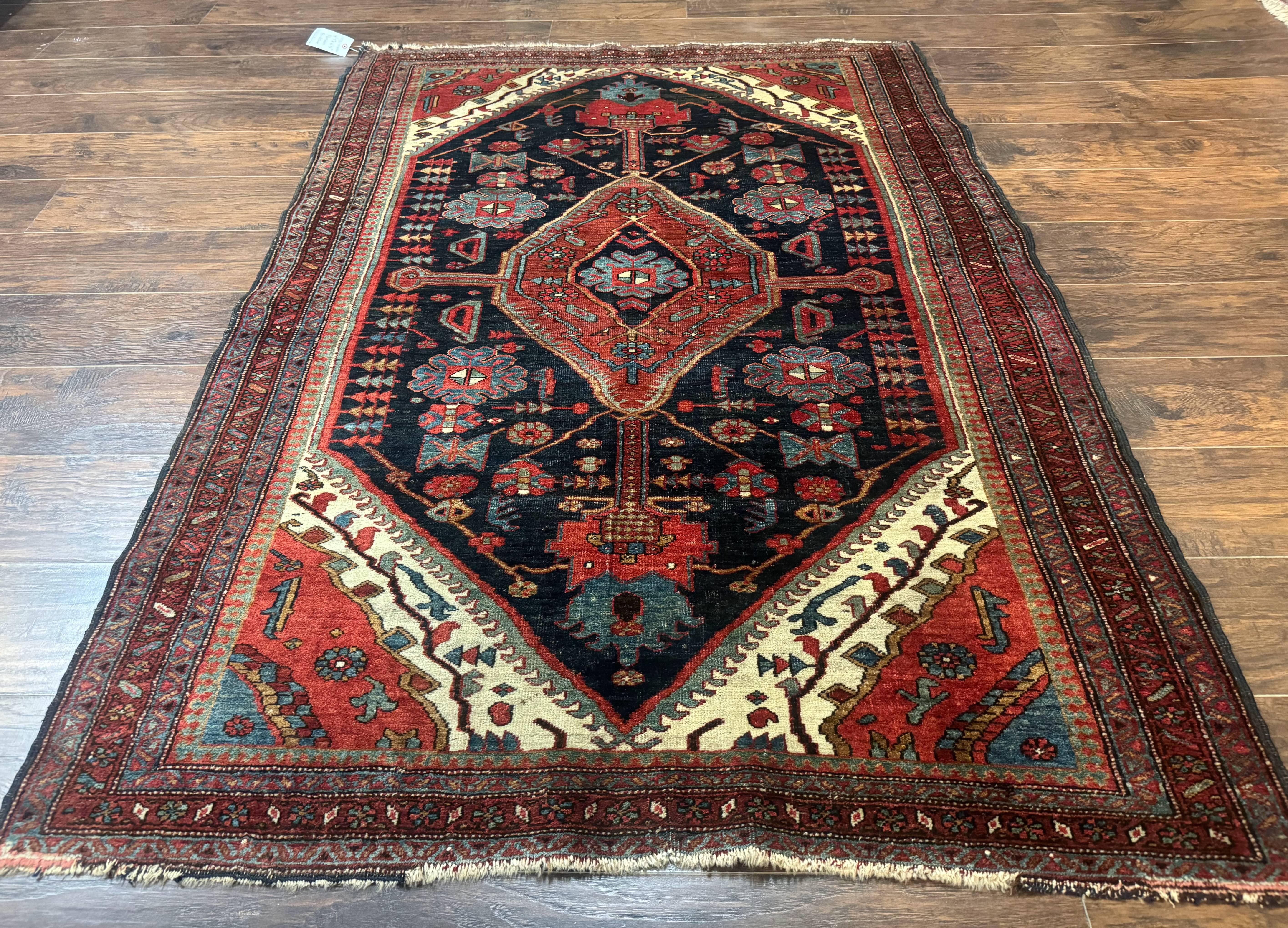 Antique Persian Bidjar Rug 5x6, Navy Blue and Red, Persian Tribal Rug - Jewel Rugs