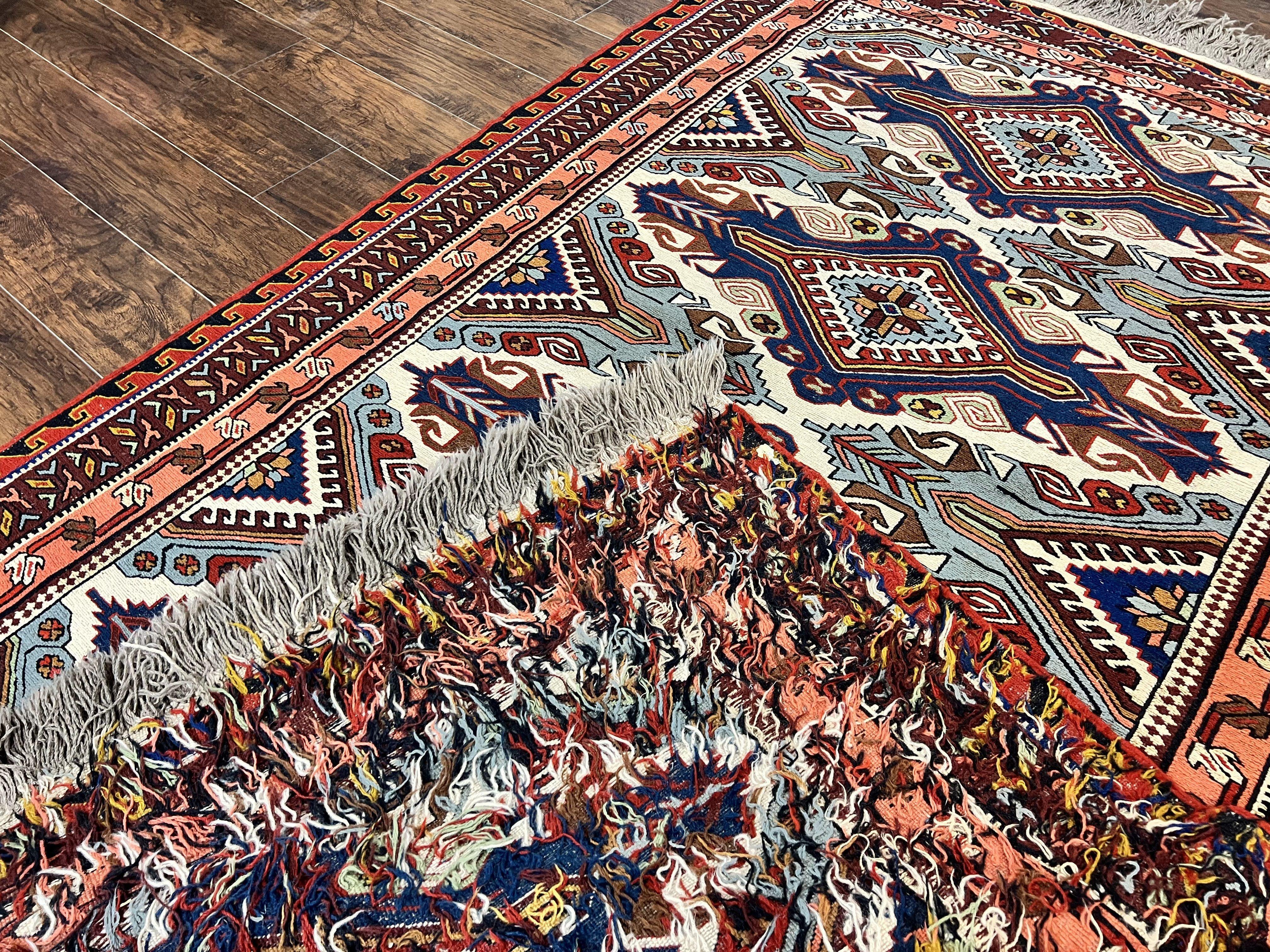 Russian Soumak Rug 6x8, Wool Handmade Antique Kilim Carpet, Multicolor 6 x 8 Geometric Medallions Caucasian Rug, Medium Size - Jewel Rugs