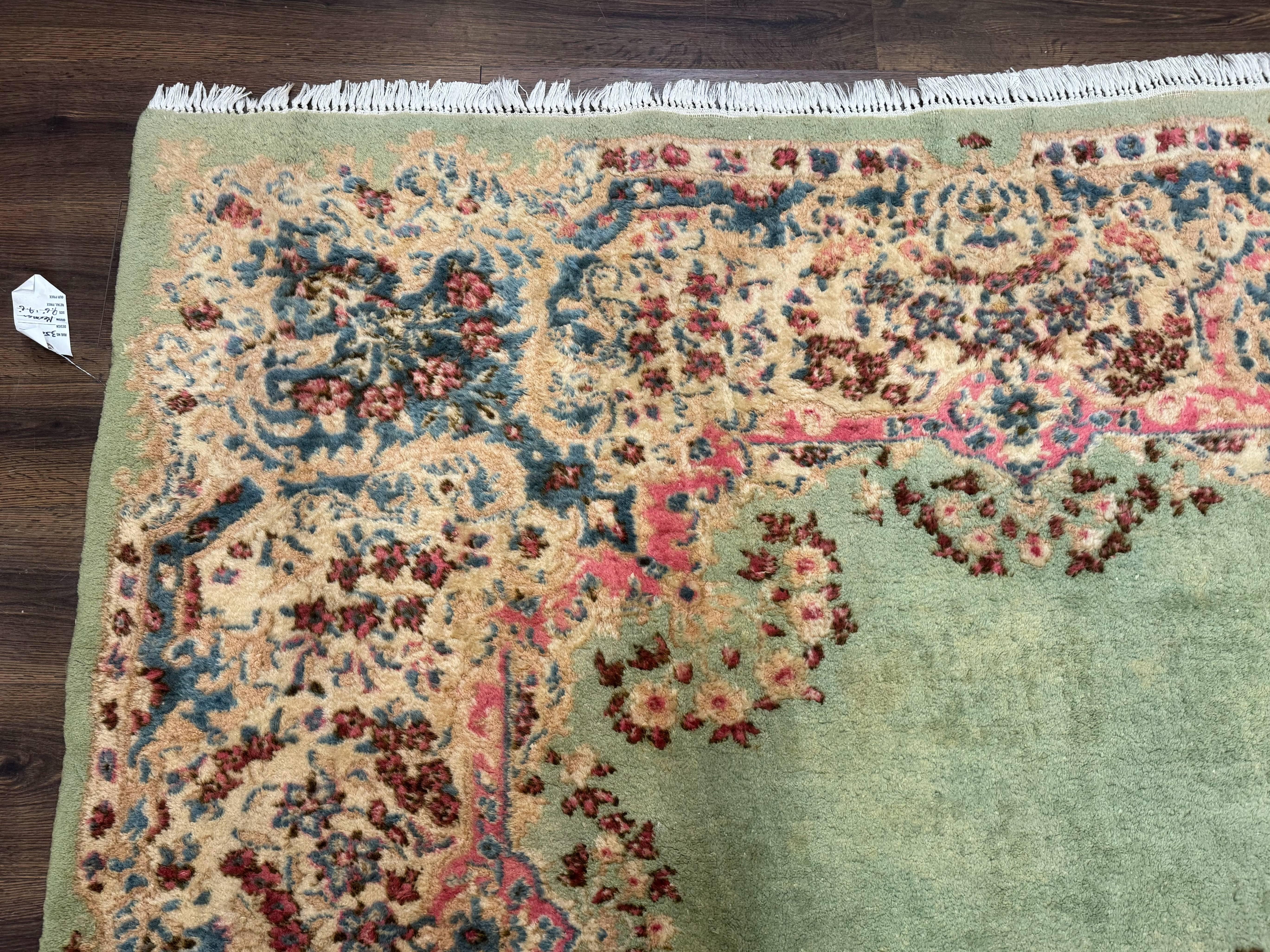 Green Persian Rug 10x10, Large Square Persian Carpet, Wool Rug, Open Field, Green and Beige Rug, Kerman Rug - Jewel Rugs