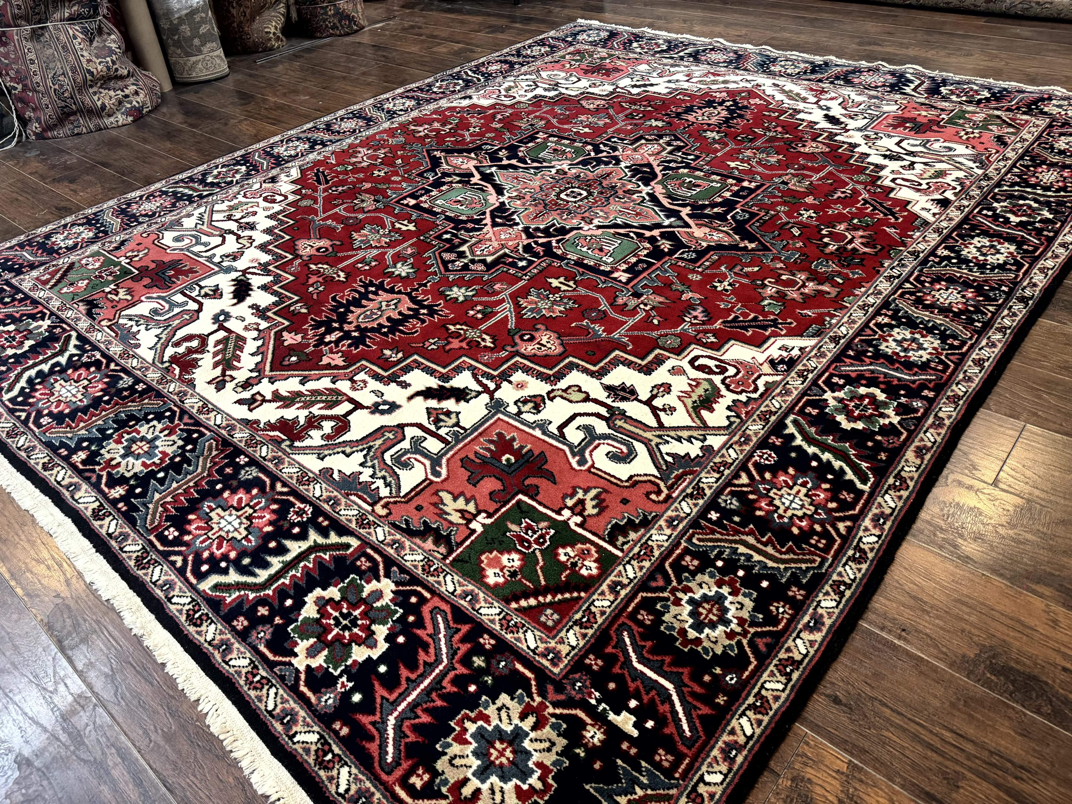 Indo Persian Heriz Rug 8x10, Geometric Medallion, Brick Red Ivory Navy Blue, Room Sized Heriz Carpet, Wool Rug - Jewel Rugs