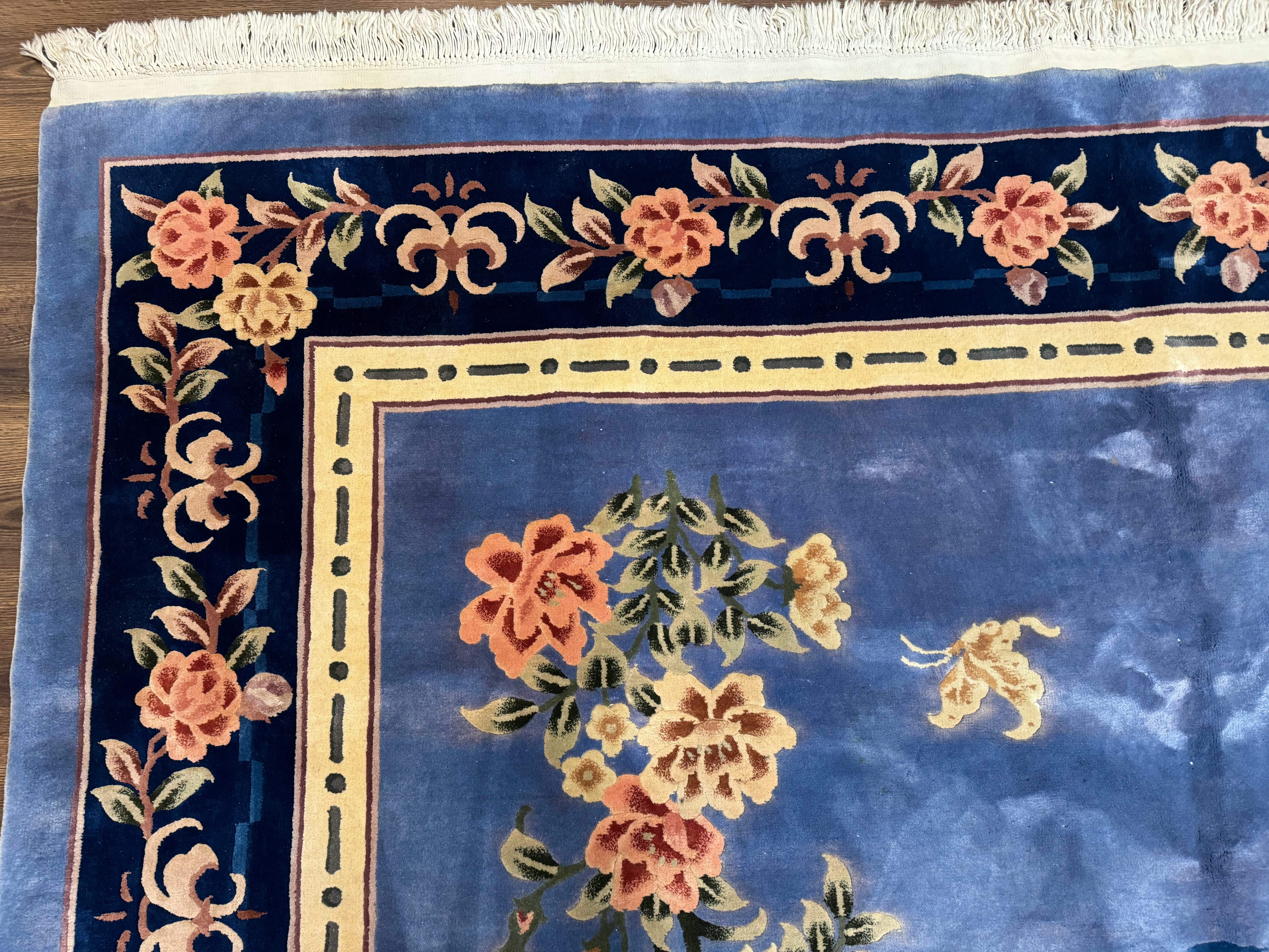 Blue Chinese Wool Rug 9x12, Art Deco Peking Asian Oriental Carpet, Floral Butterflies, 90 Line Rug - Jewel Rugs