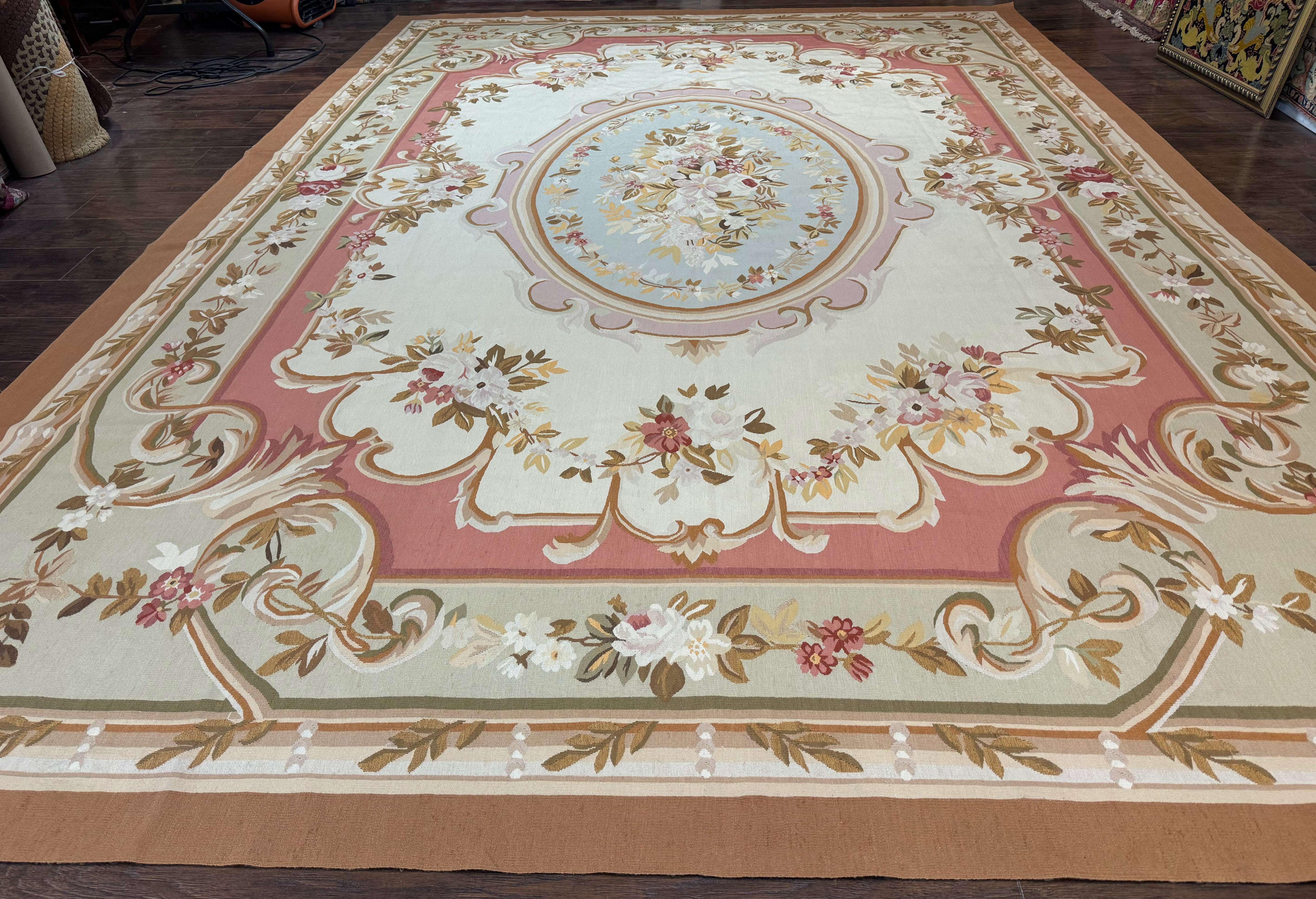 French Aubusson Rug 10x14, Vintage Flatweave European Handmade Carpet, Ivory LIght Blue Pink, Large Aubusson Rug - Jewel Rugs