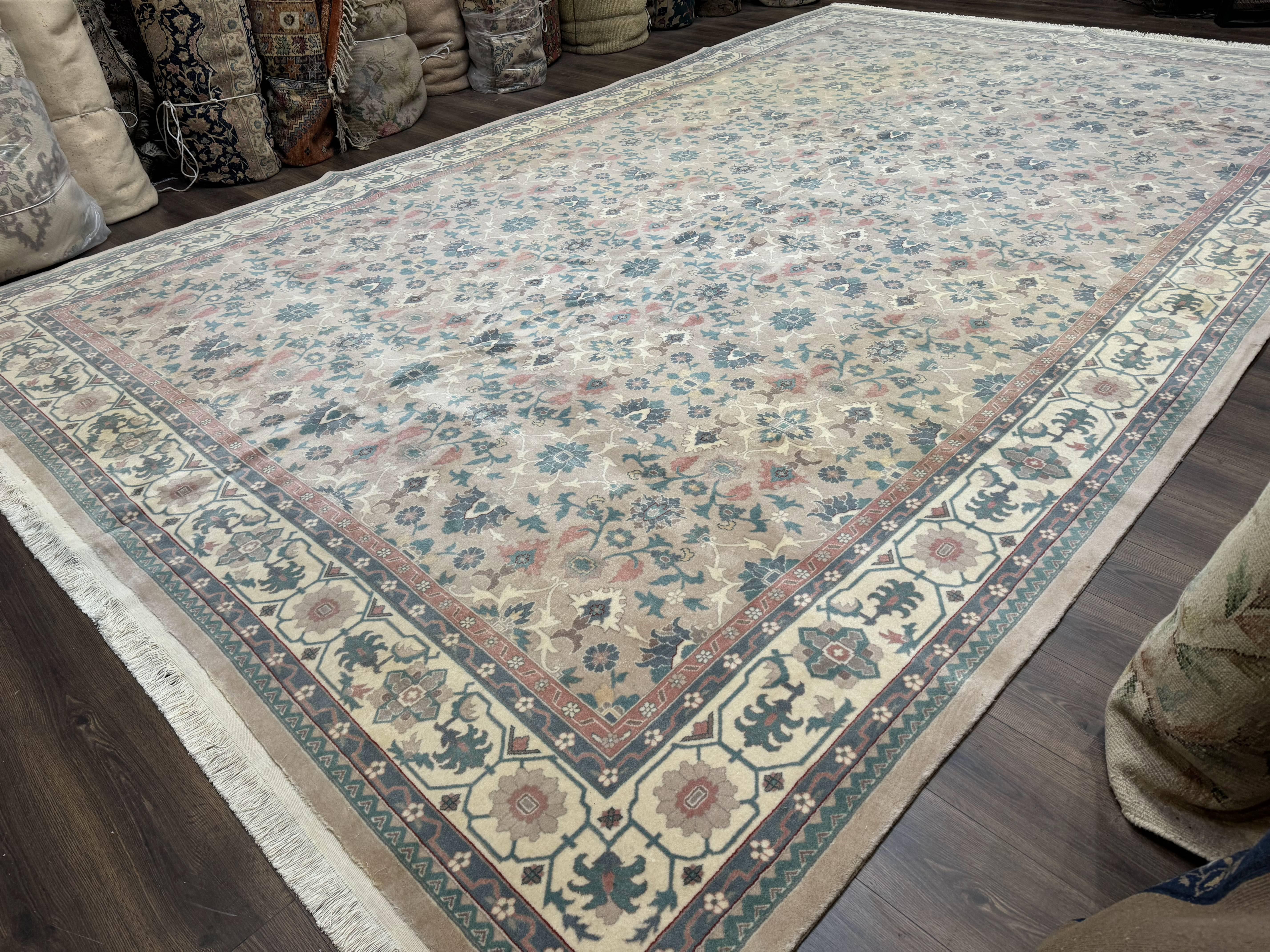 Palace Size Wool Rug 10x18, Sino Persian Kerman Rug, Oversized Hand Knotted Carpet, Light Taupe, Allover Pattern - Jewel Rugs
