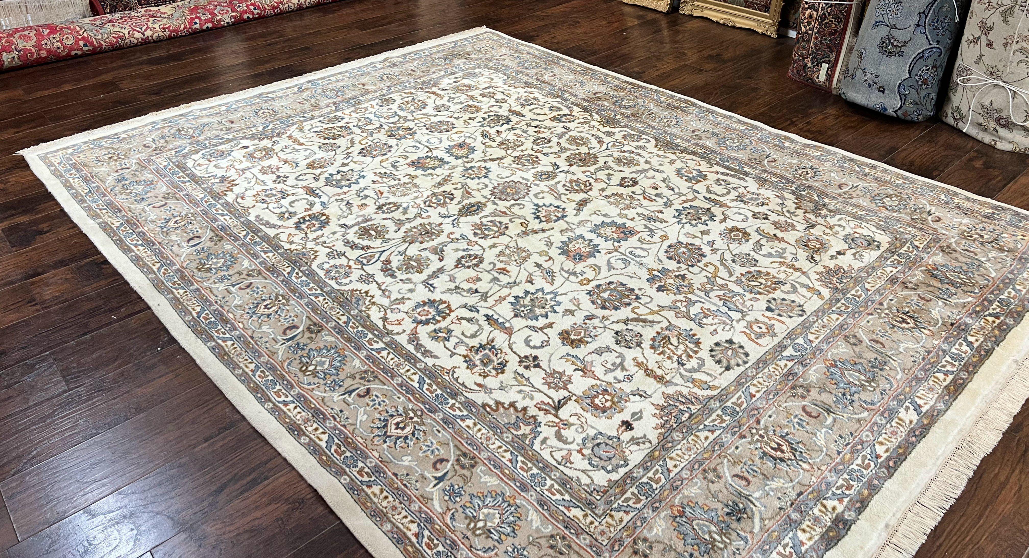 Indo Persian Rug 8x10, Floral Allover, Ivory and Gray, Handmade Vintage Wool Carpet - Jewel Rugs