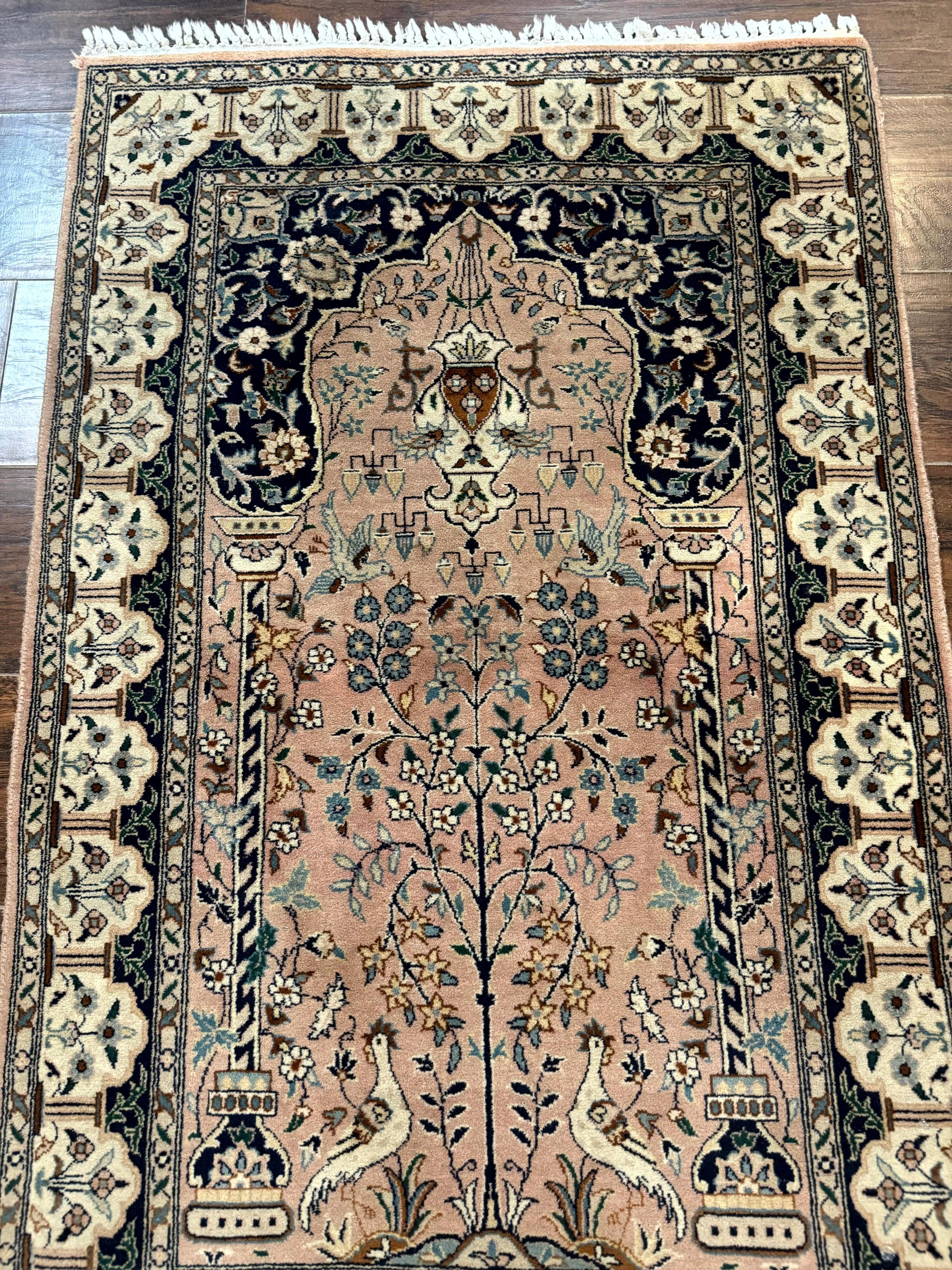 Small Tree of Life Prayer Rug, Pak Persian Rug 2.7 x 4, , Birds, Lantern, Handmade Vintage Fine 260 KPSI - Jewel Rugs