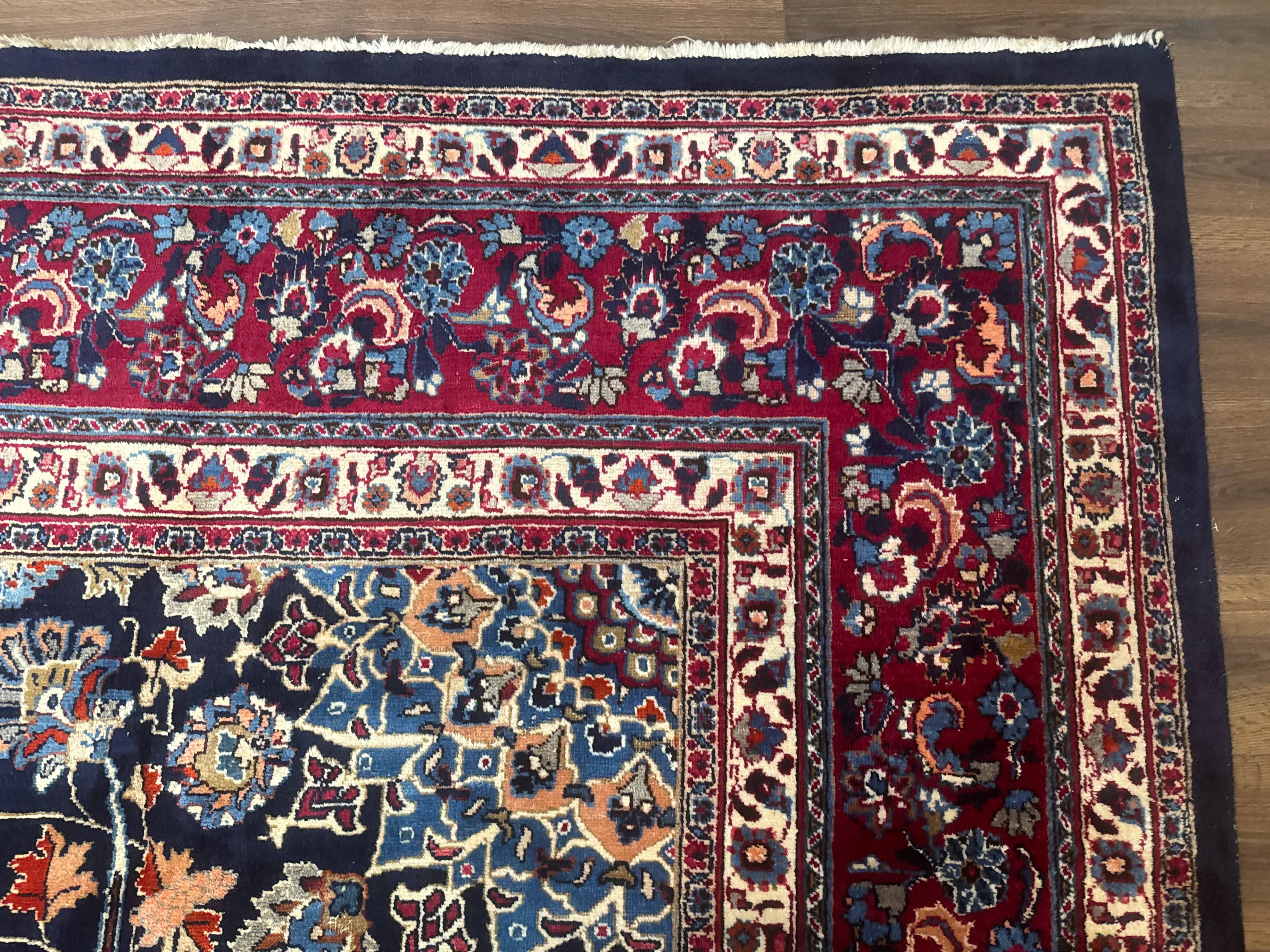 Palace Size Persian Mashad Rug 11x16, Navy Blue and Red, Floral Medallion - Jewel Rugs
