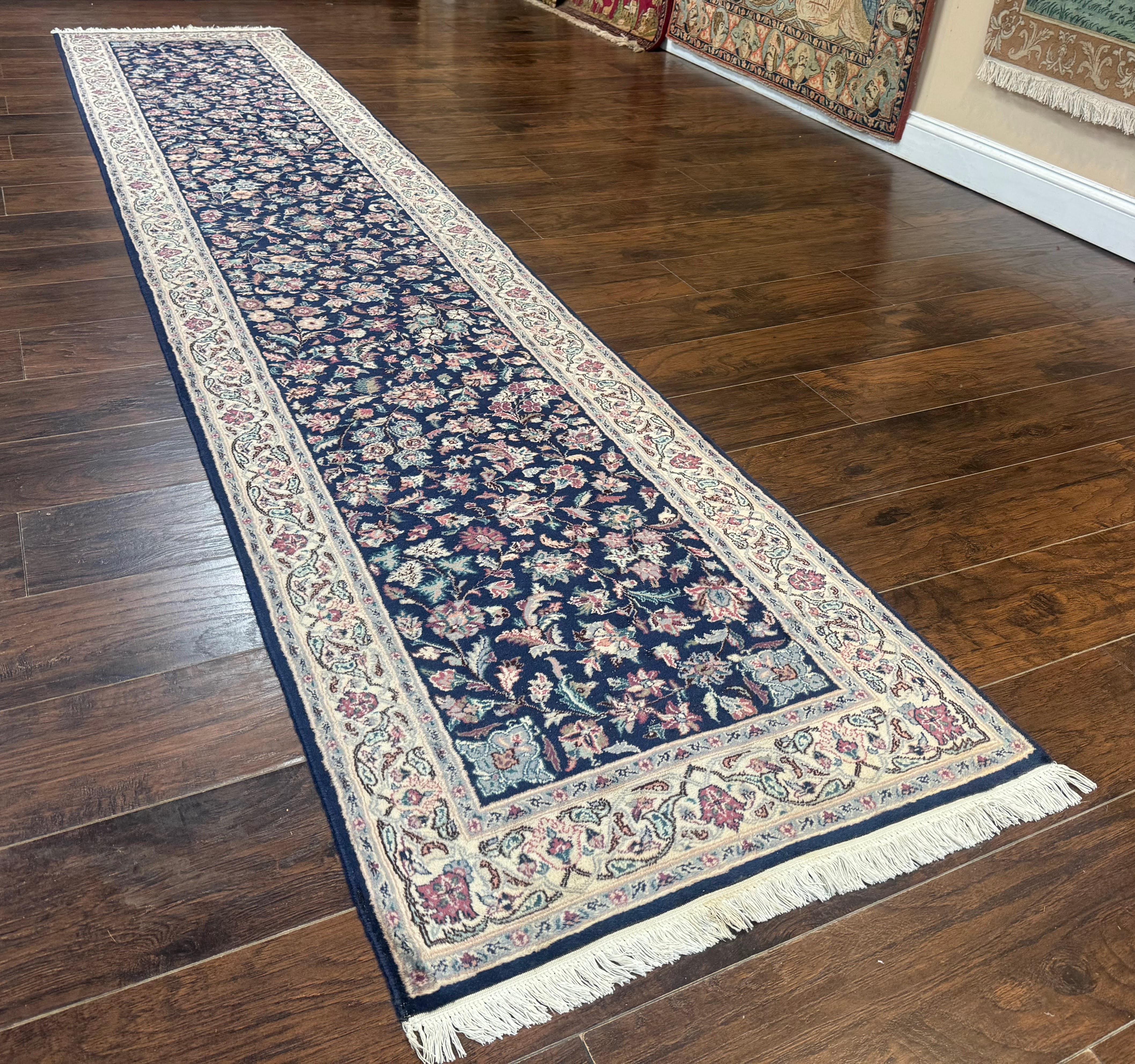 Persian Runner Rug 2.7 x 12.6, Navy Blue, Very Fine 270 KPSI, Handmade Wool Oriental Runner Rug for Hallway or Kitchen, Pak Persian Runner - Jewel Rugs